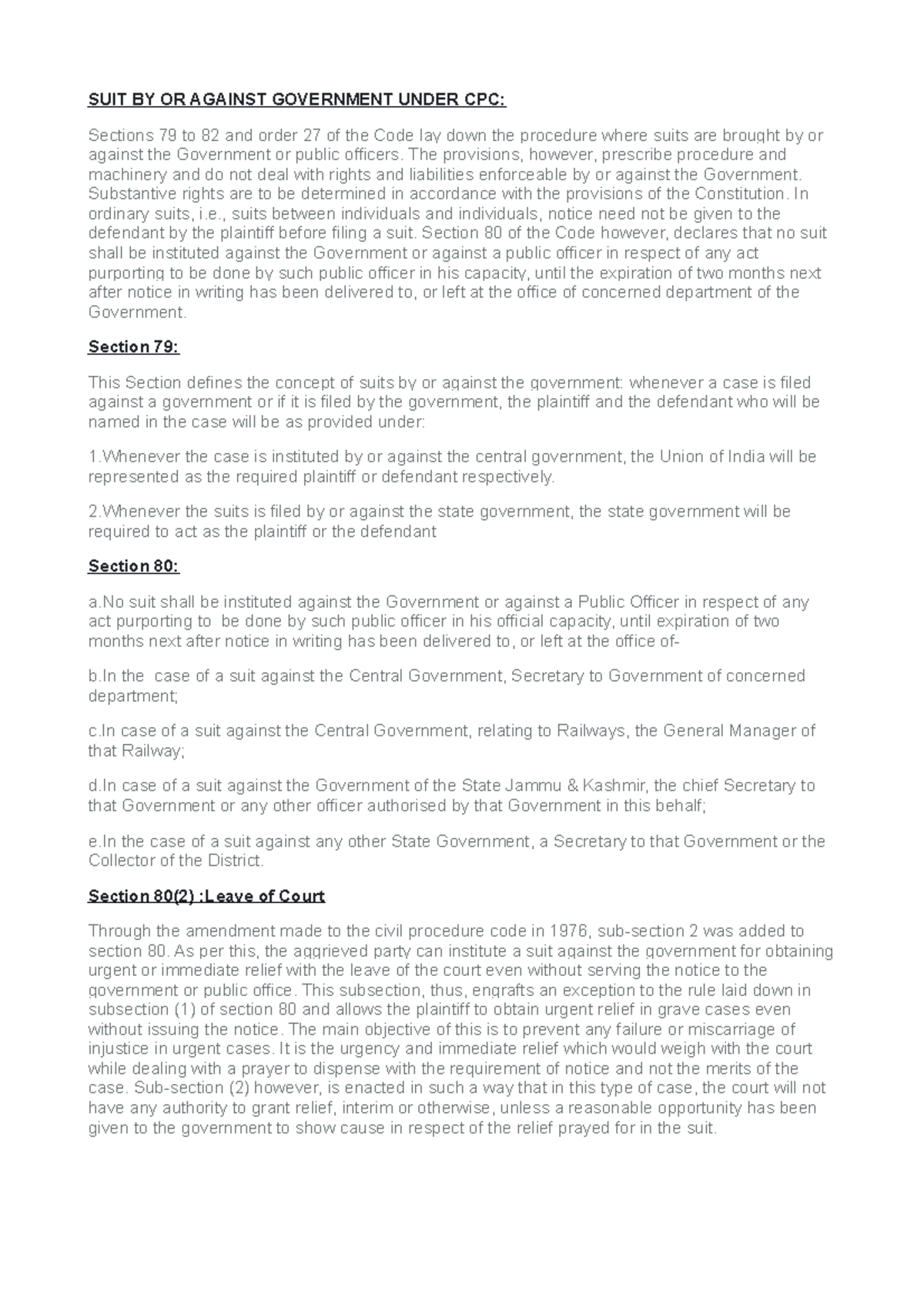 Module 4 civil Procedure Code Notes SUIT BY OR AGAINST GOVERNMENT 