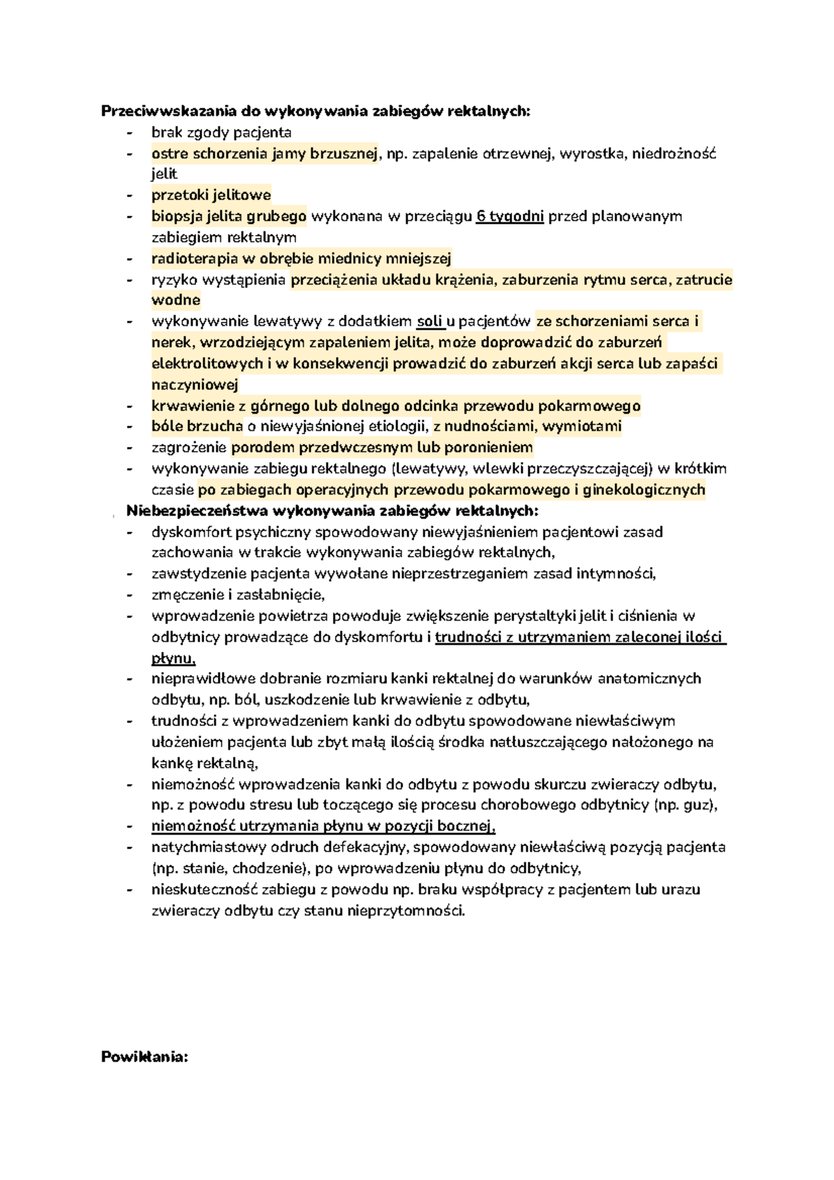 Lewatywa, Wlewka PrzeczyszczajĄCA - Przeciwwskazania do wykonywania