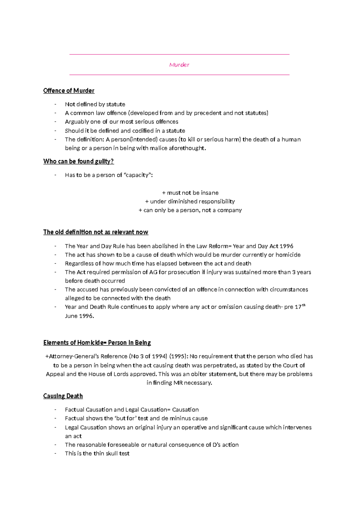 Murder - Murder Offence of Murder Not defined by statute A common law ...