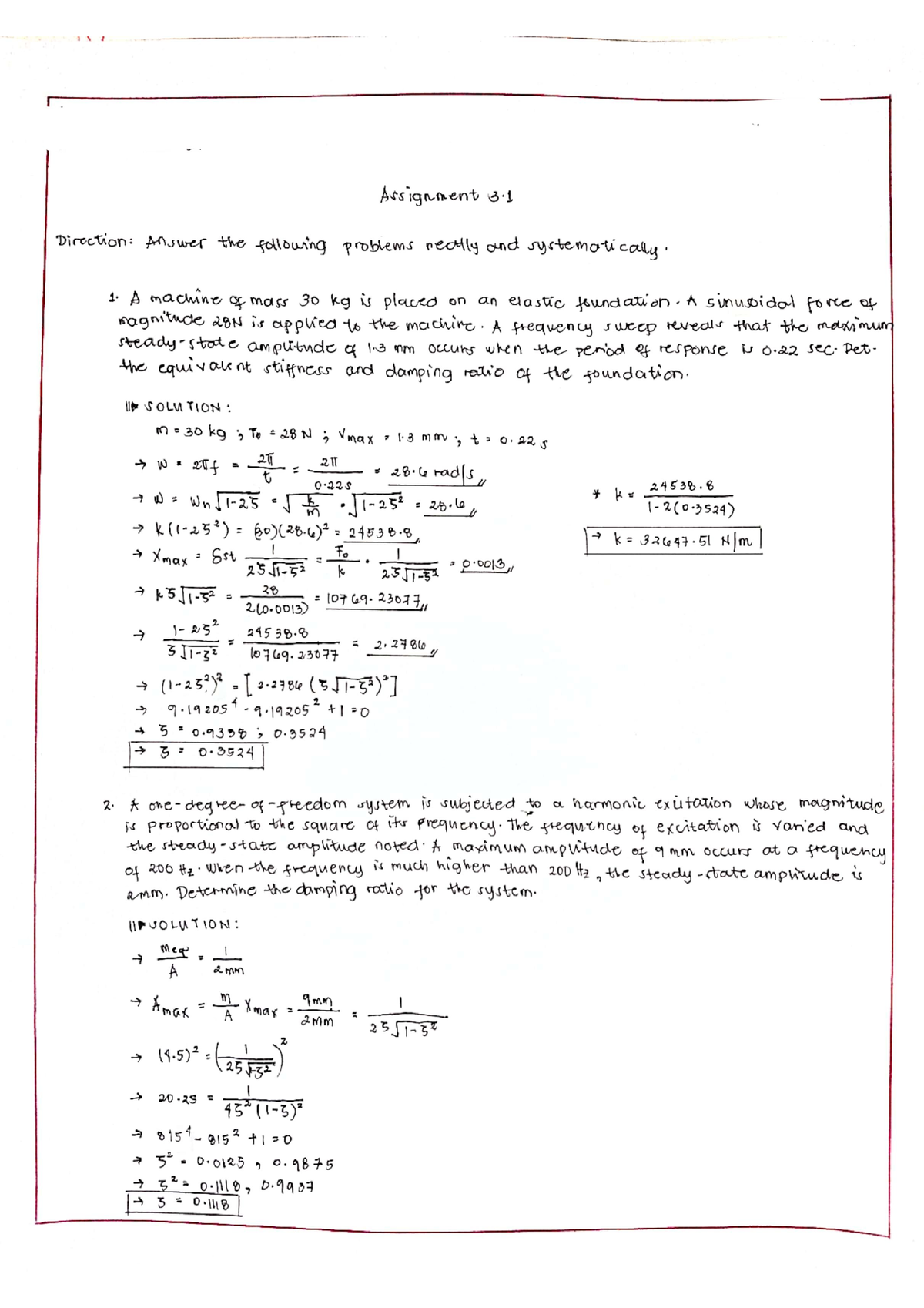 Vibration As3 - Problem Solving - Mechanical Engineering - Nvsu - Studocu