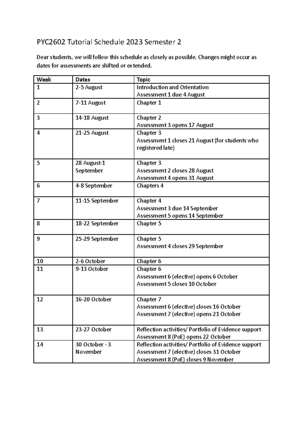 PYC2602 Tutorial schedule 2023 - PYC2602 Tutorial Schedule 2023 ...