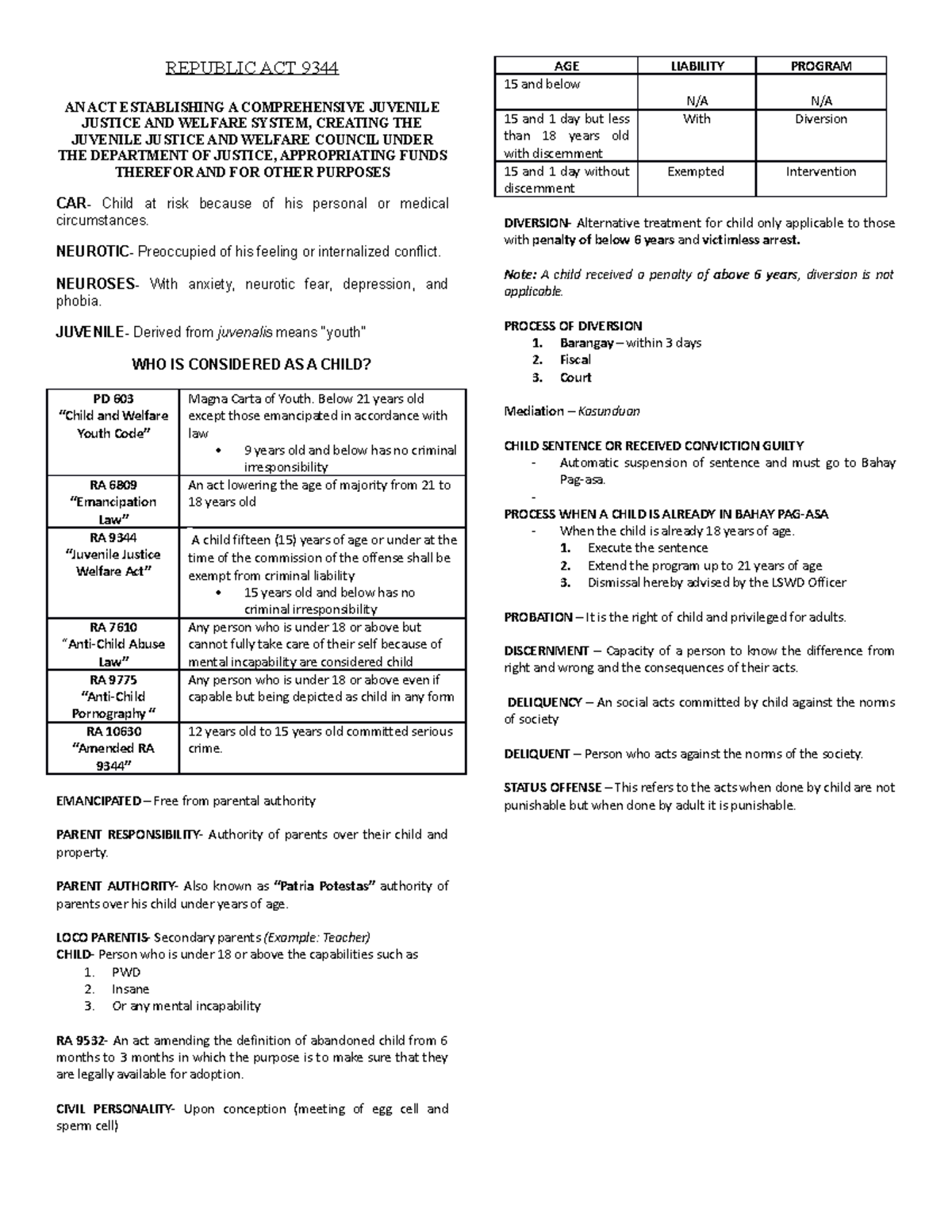 Notes FOR CRIMINOLOGY - REPUBLIC ACT 9344 AN ACT ESTABLISHING A ...