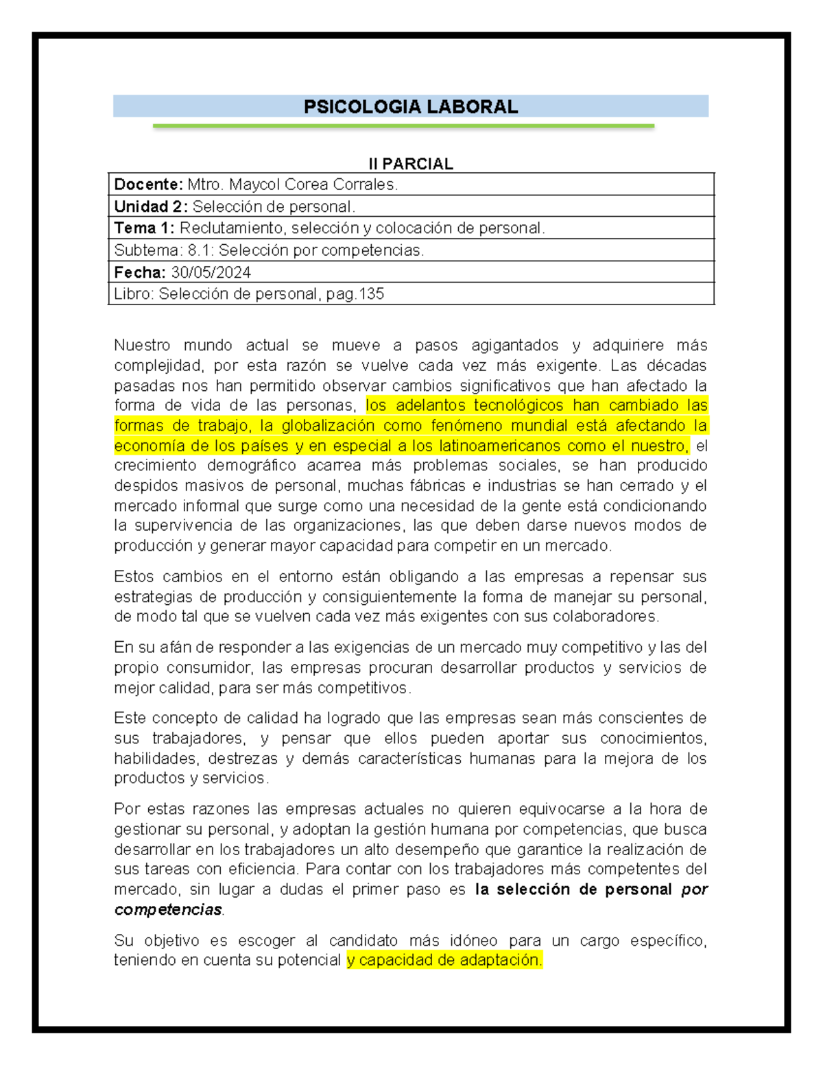 Clase 1- II Parcial - Psicología laboral - PSICOLOGIA LABORAL II ...