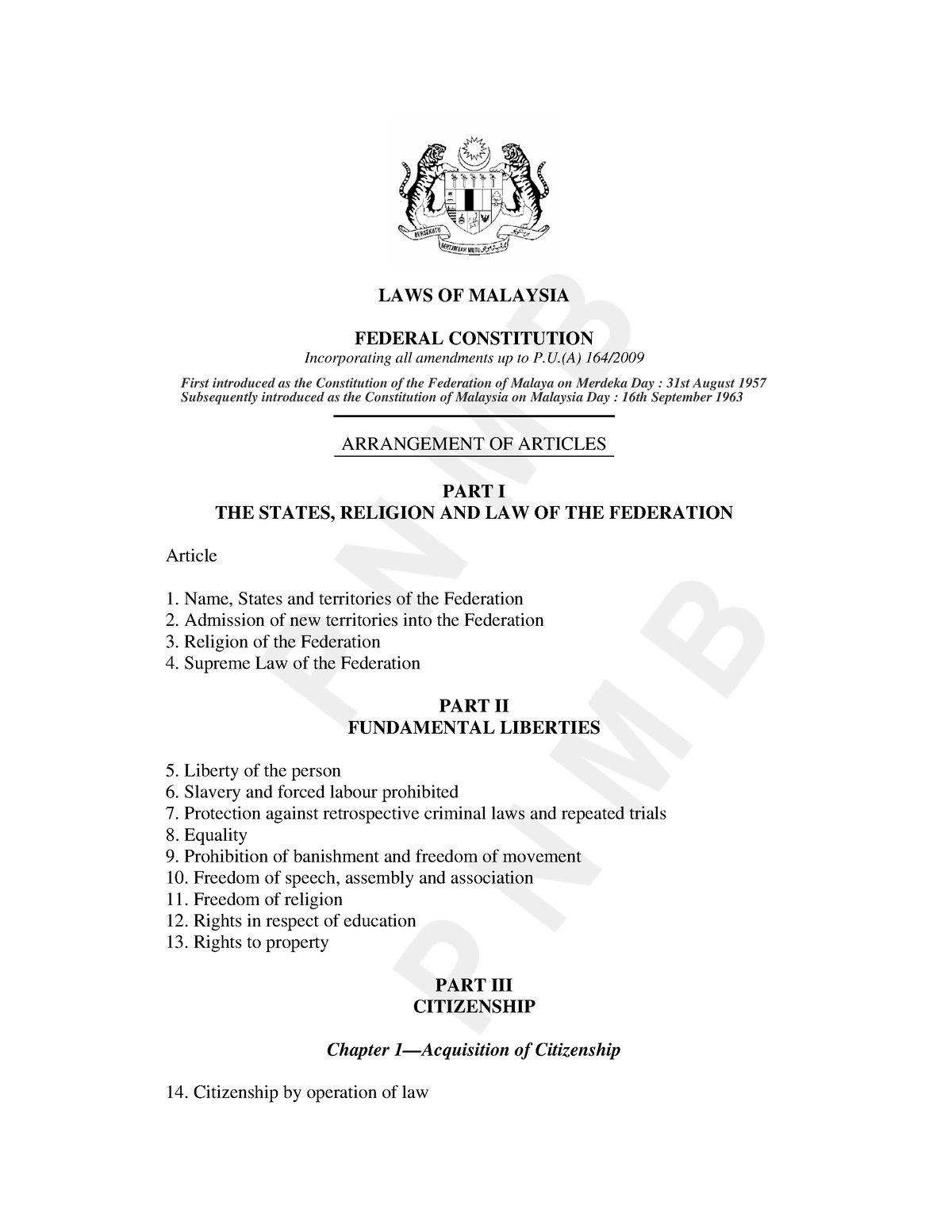 Federal Constitution - Act - LAWS OF MALAYSIA FEDERAL CONSTITUTION ...