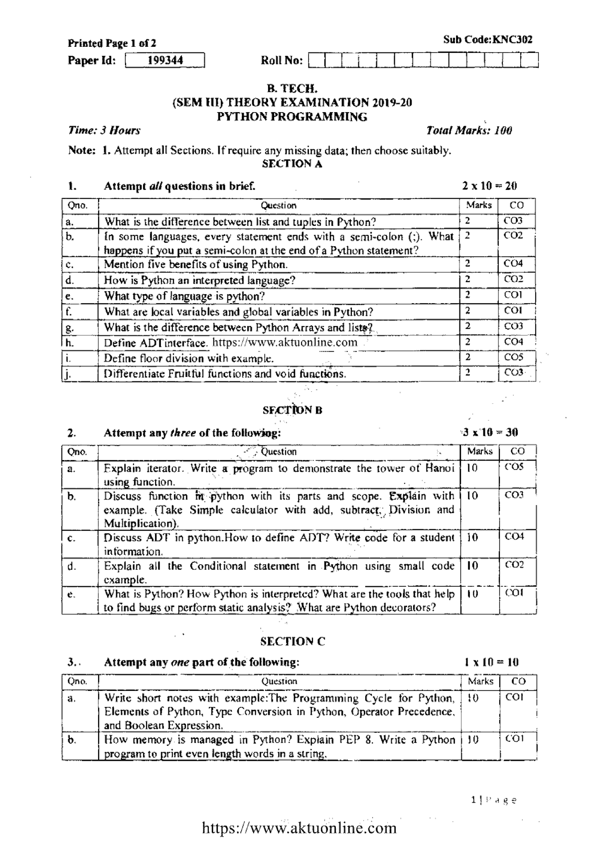 Btech 3 sem python programming knc302 2020 - B.Tech CSE (2nd Year ...