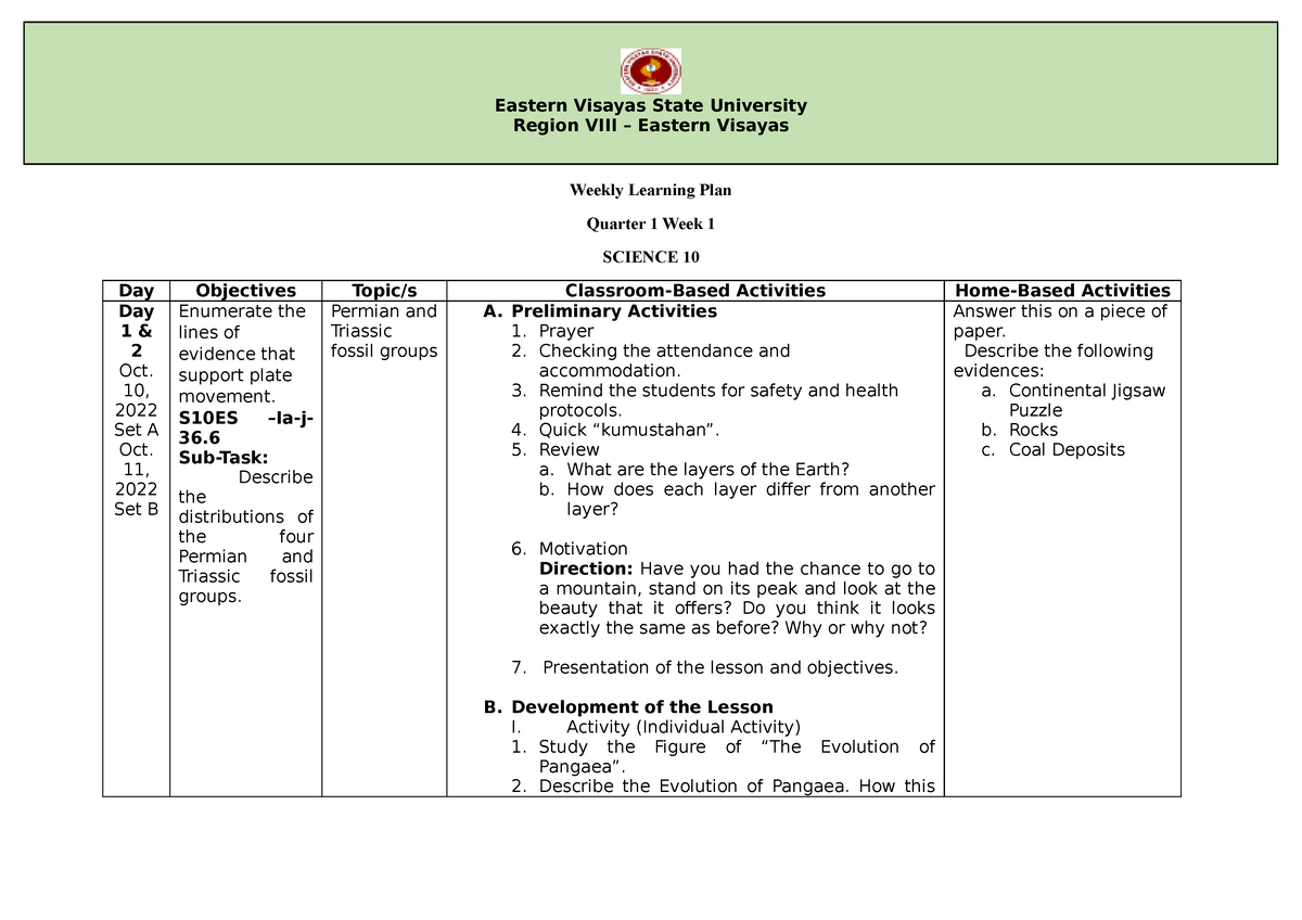 Weekly Learning Plan Dionesio - Weekly Learning Plan Quarter 1 Week 1 ...