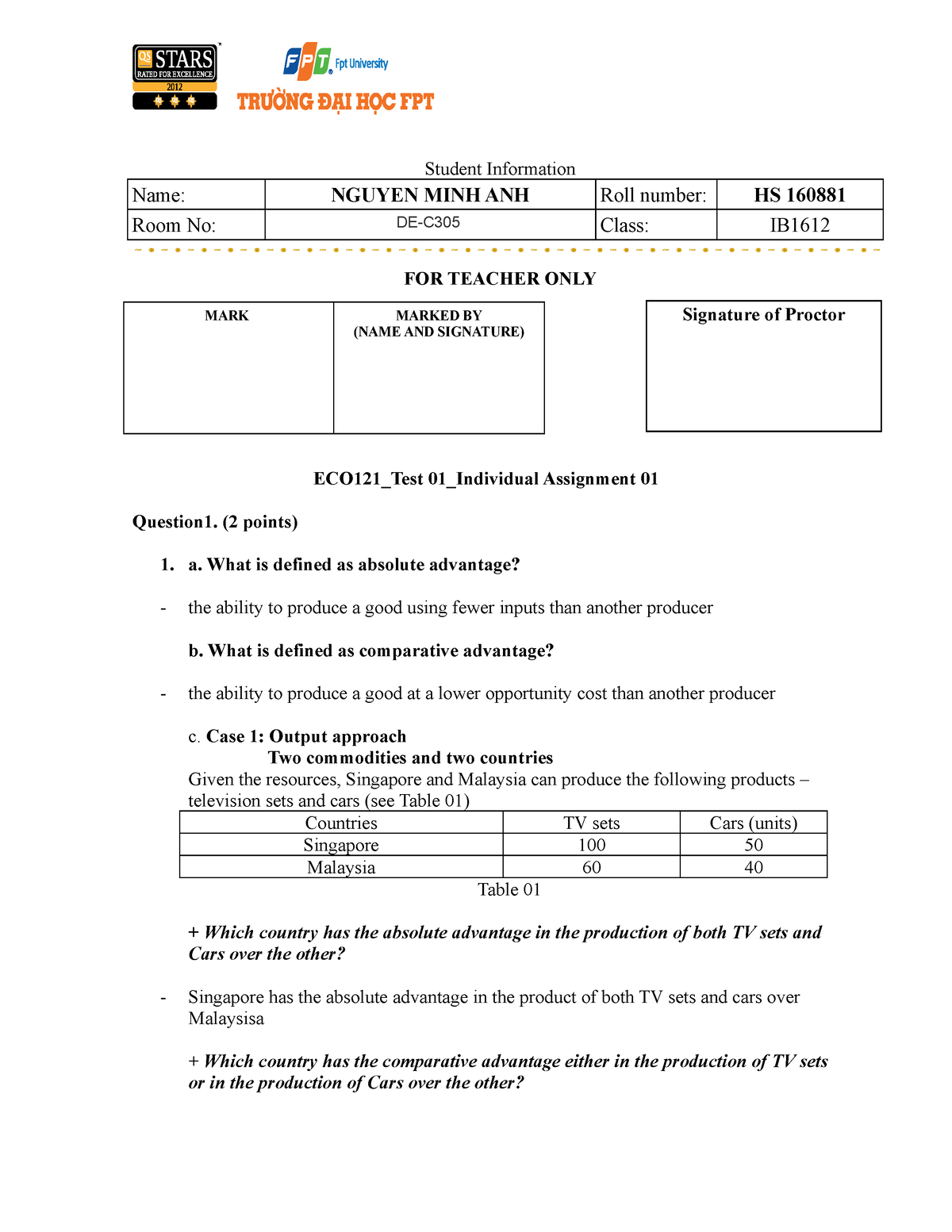 ECO121 Test 01 Individual Assignment 01 - Student Information Name ...