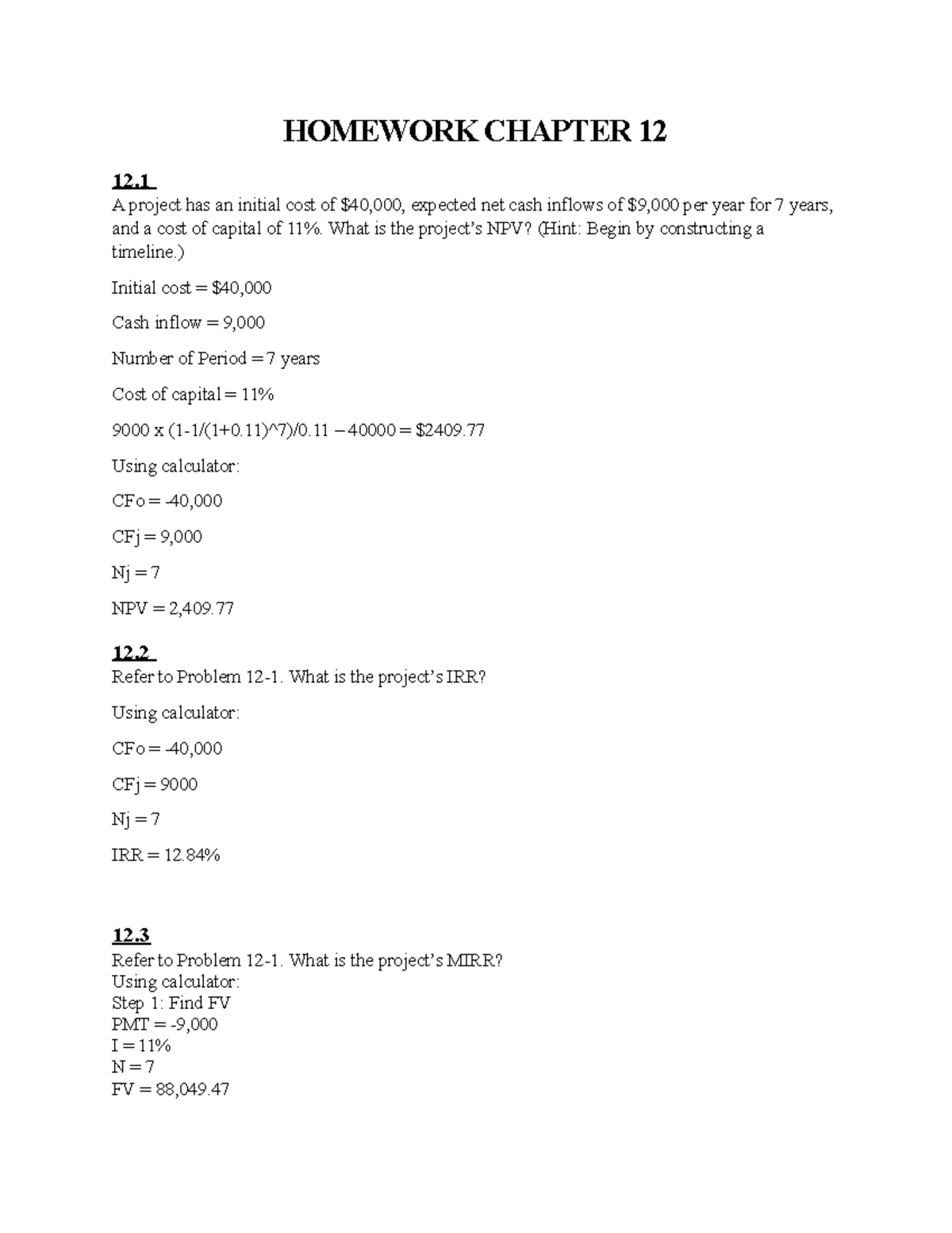 Finance 400 Chapter 12 Homework Solution HOMEWORK CHAPTER 12 12. A