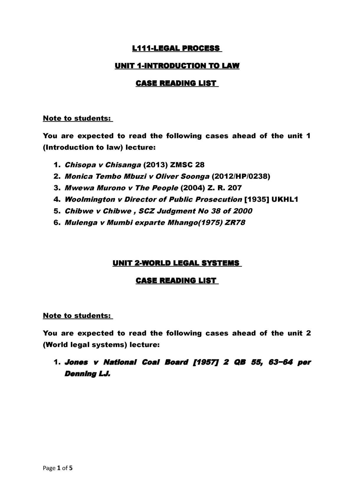 Case Reading List - L111-LEGAL PROCESS UNIT 1-INTRODUCTION TO LAW CASE ...