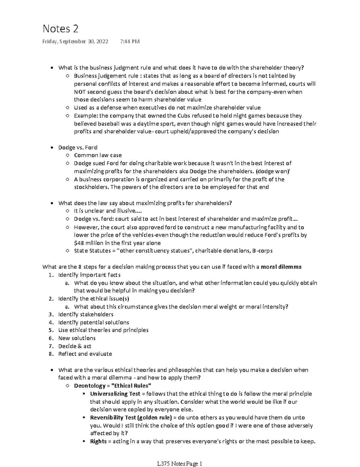 Notes 2 - From business judgement rule to moral beliefs including ...