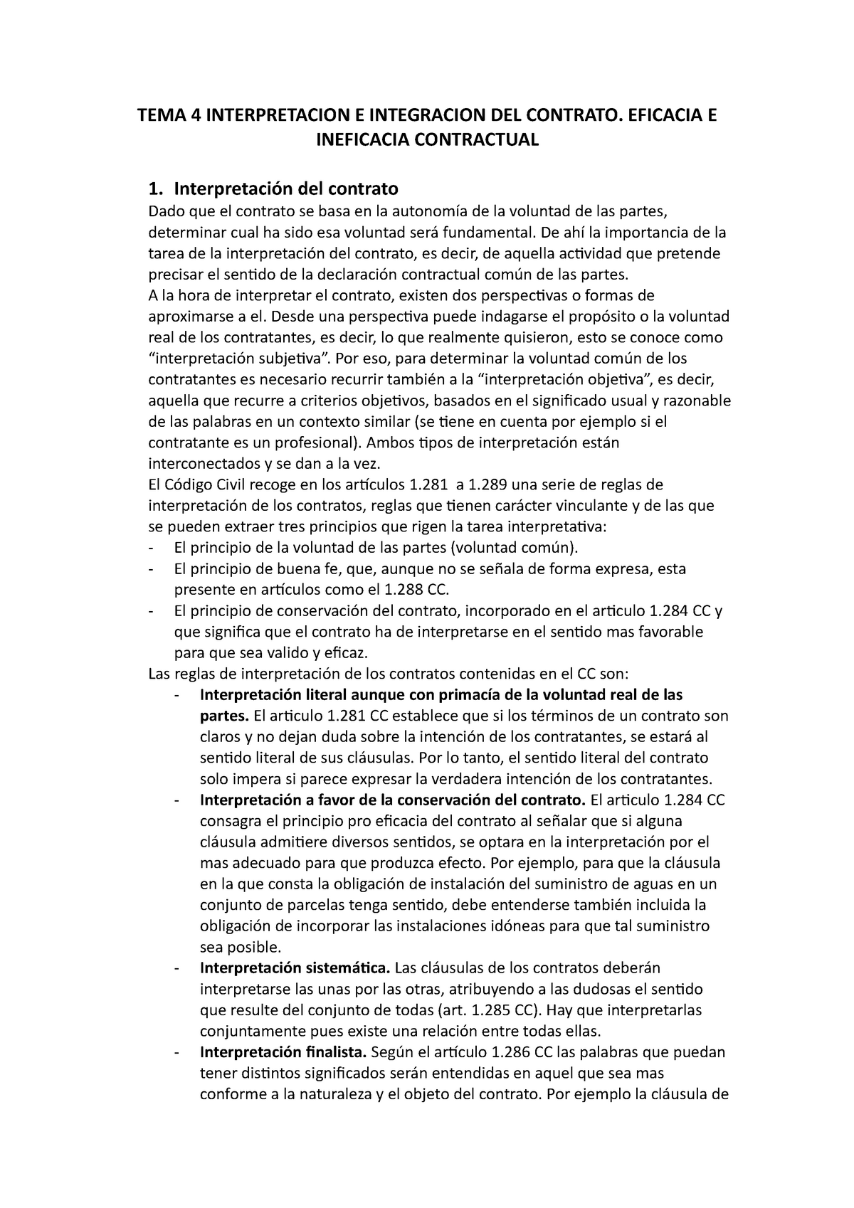 Resumen Tema 4 Derecho Apuntes 4 Tema 4 Interpretacion E Integracion Del Contrato Eficacia