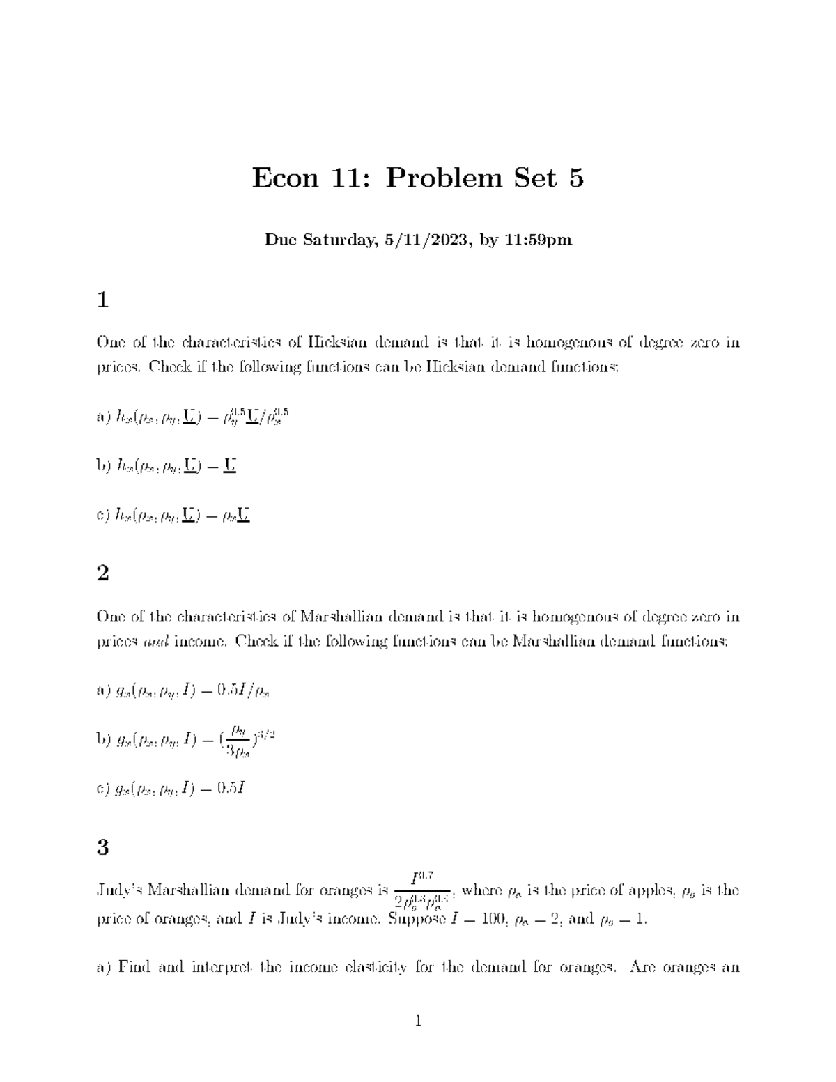 Problem Set Number 5 - Econ 11 : Problem Set 5 Due Saturday, 5 / 11 ...