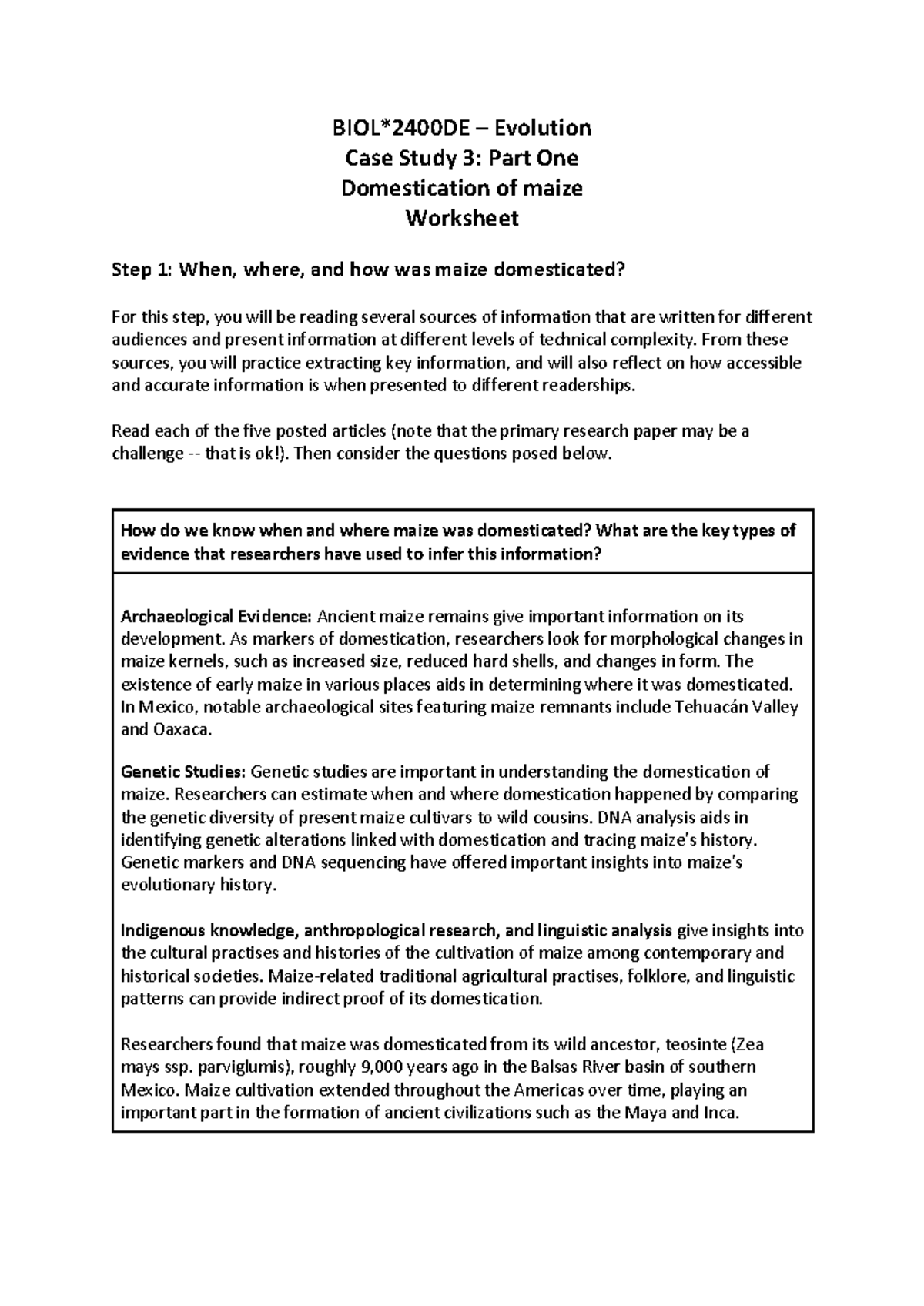 Case Study 3 Part One worksheet BIOL*2400DE Evolution Case Study 3