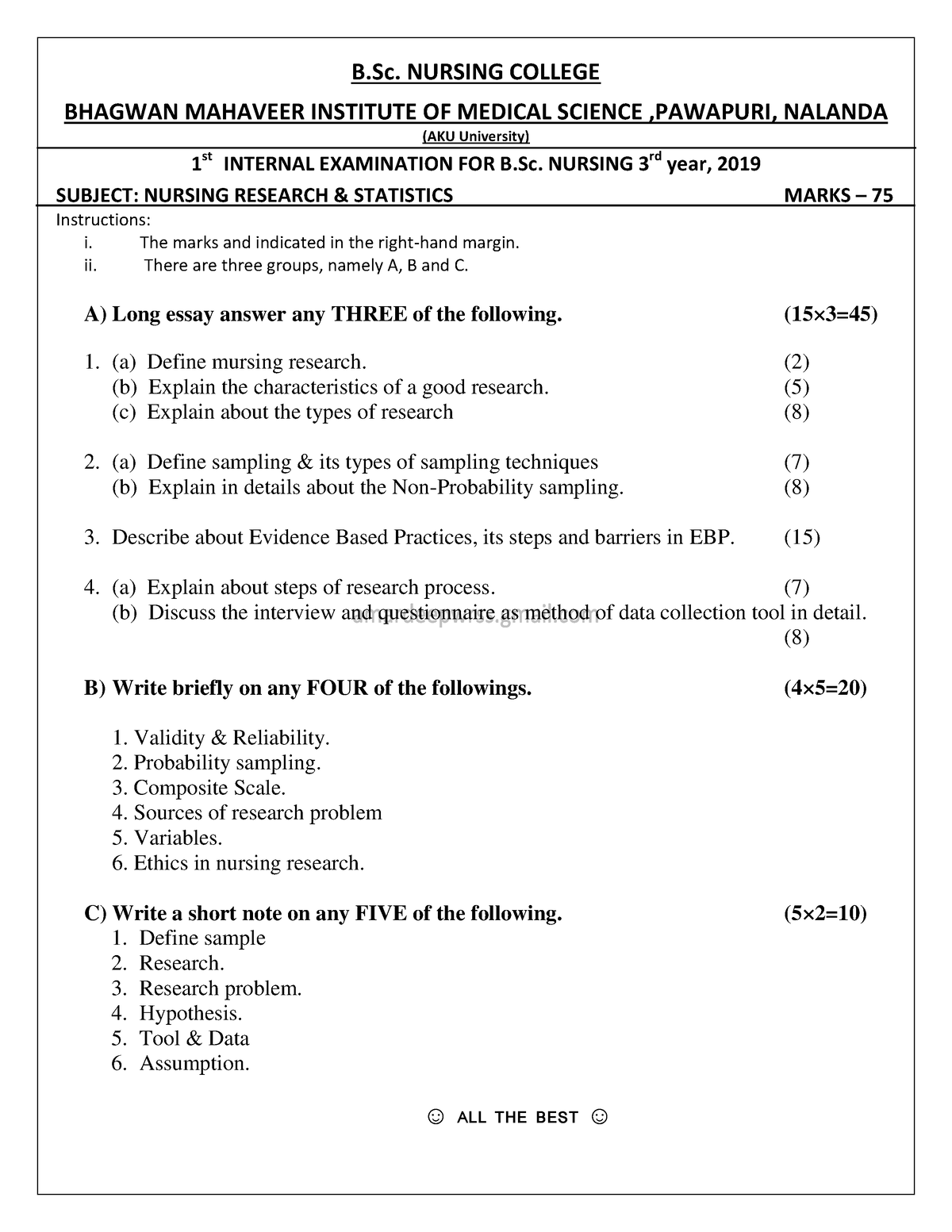 nursing research and statistics previous question papers