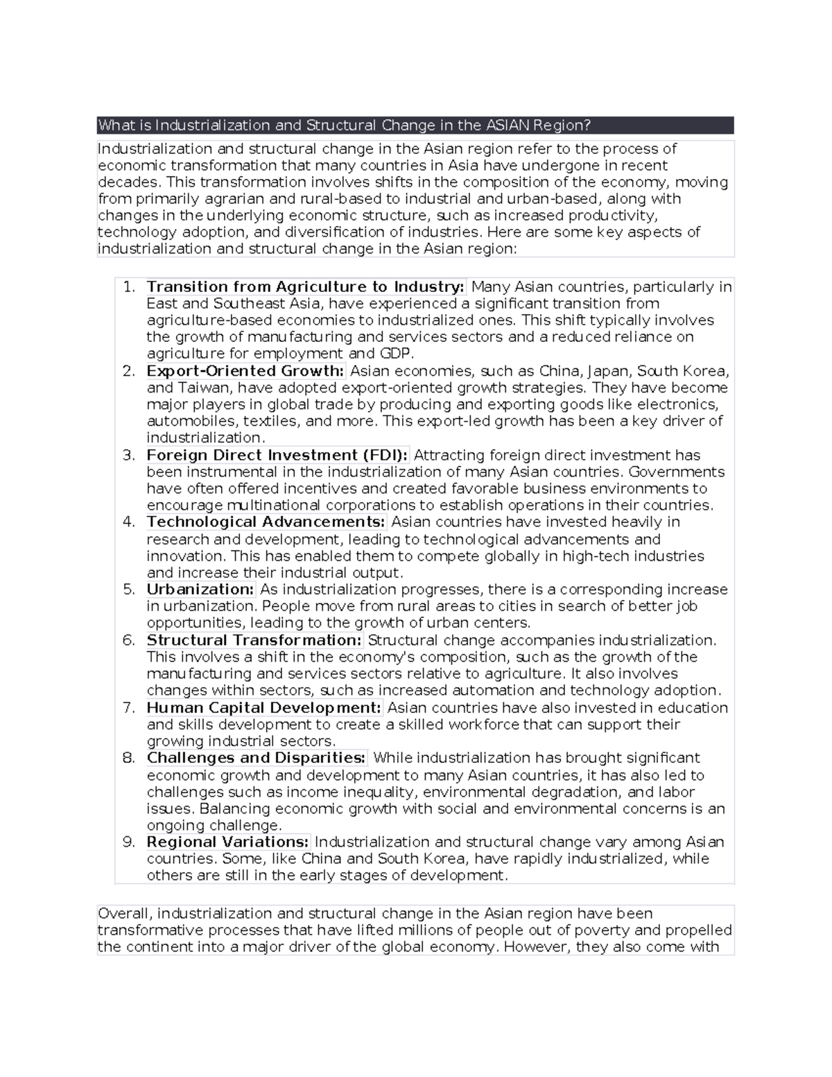 Industrialization and Structural Change in the Asian Region Student's ...