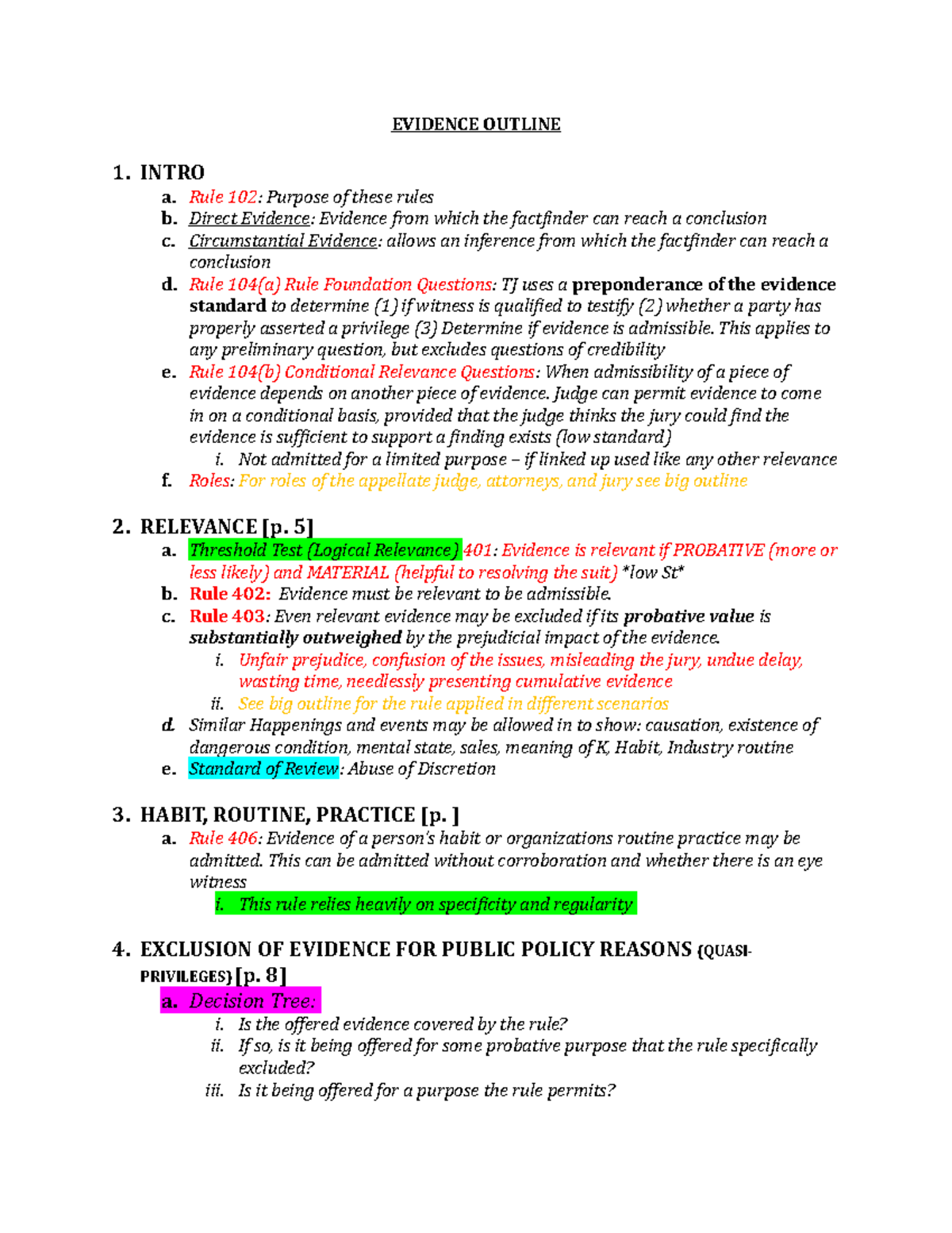 Evidence Outline: Introduction Relevance Habit Exclusion of Evidence ...