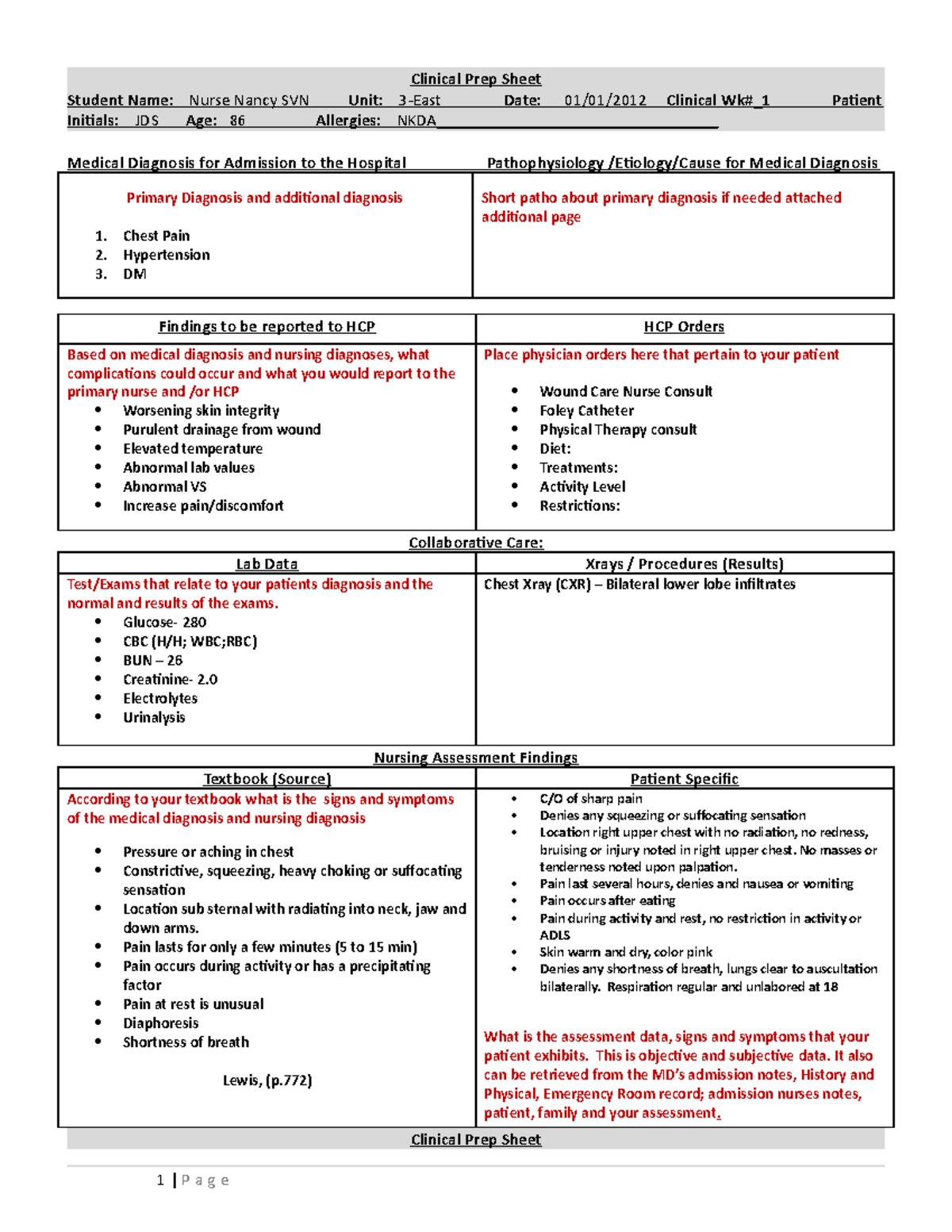 Clinical Prep Sheet example - Clinical Prep Sheet Student Name: Nurse ...