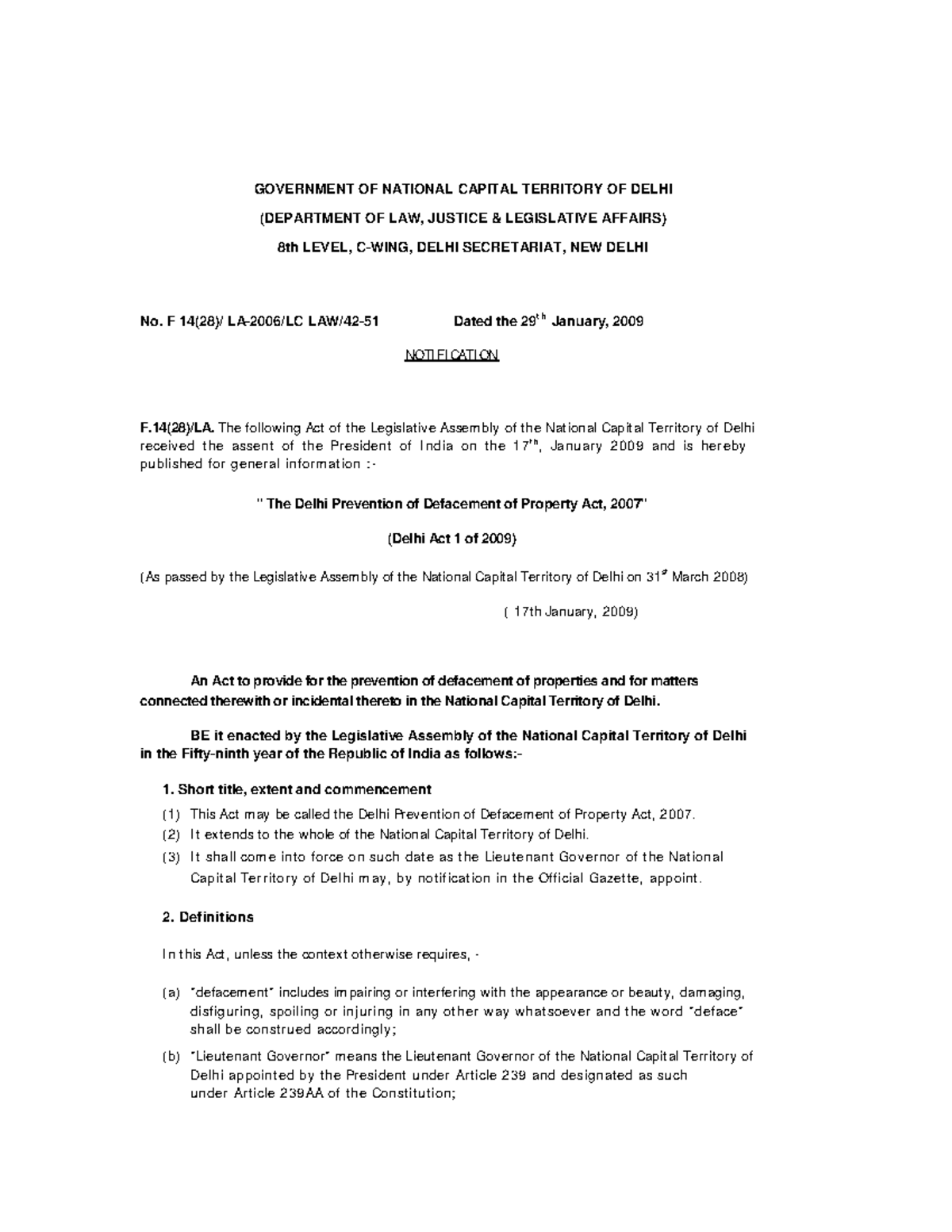 Defacement of property act - GOVERNMENT OF NATIONAL CAPITAL TERRITORY ...
