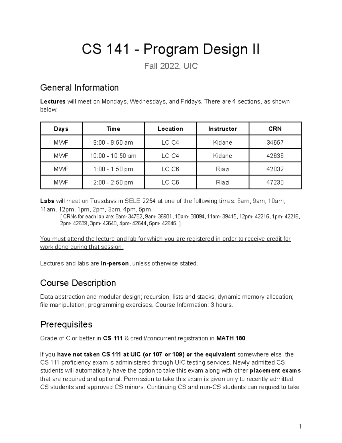 Syllabus CS 141, Fall 2022 CS 141 Program Design II Fall 2022