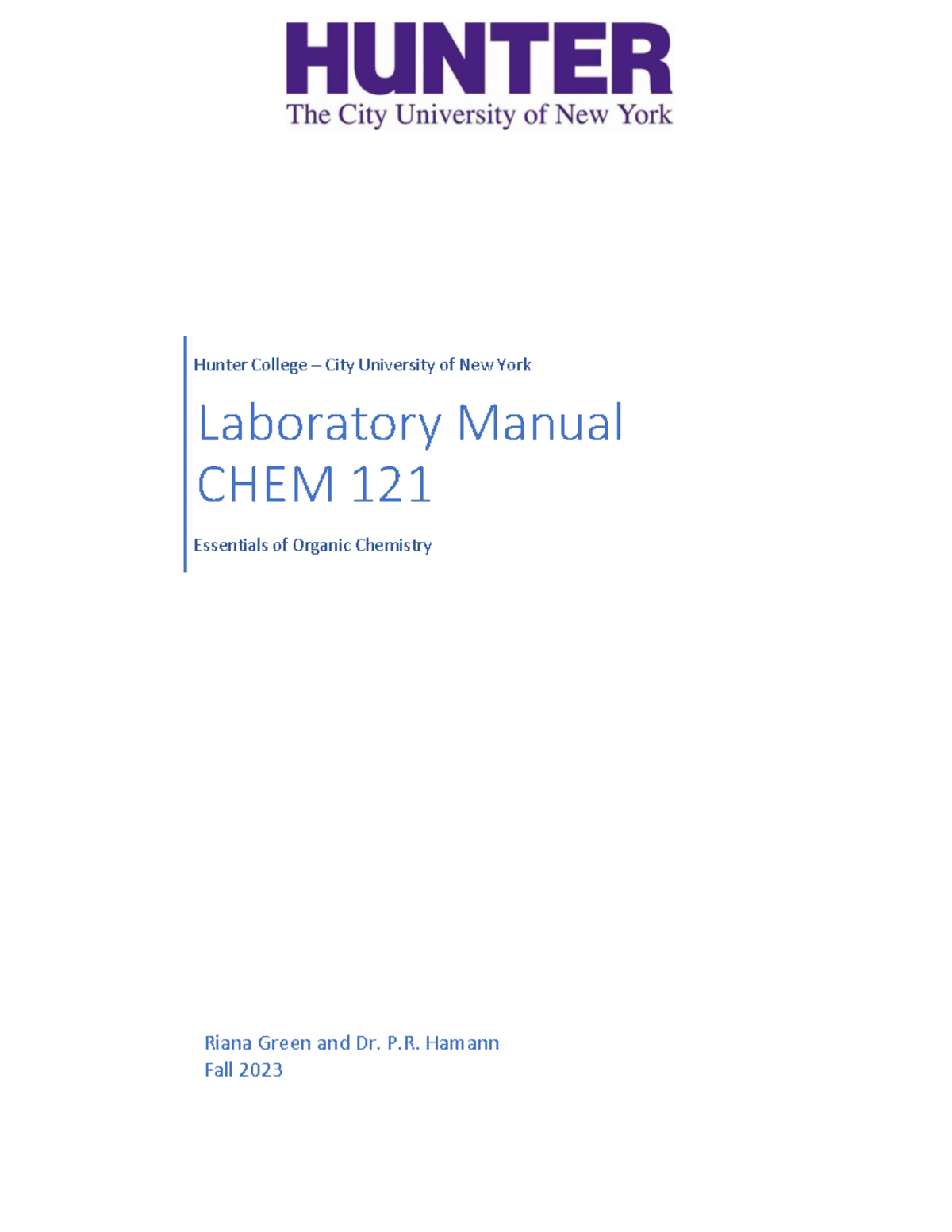 CHEM 121 Lab Manual Fall 2023 - Hunter College – City University Of New ...