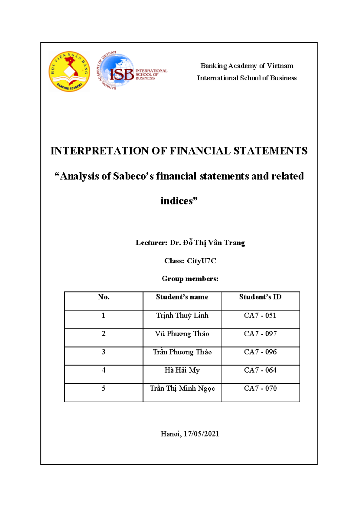 IFS Group Assignment 7C - INTERPRETATION OF FINANCIAL STATEMENTS ...