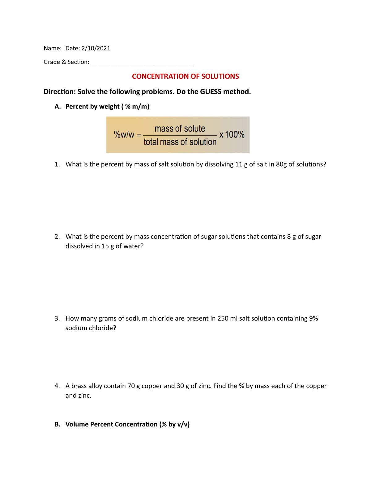 Concentration Of Solution Worksheet Name Date 2 10 Grade Section StuDocu