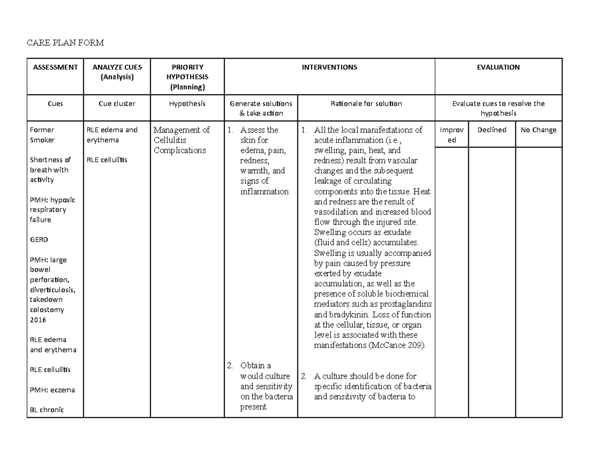 Cellulitis POC - CARE PLAN FORM ASSESSMENT ANALYZE CUES (Analysis ...