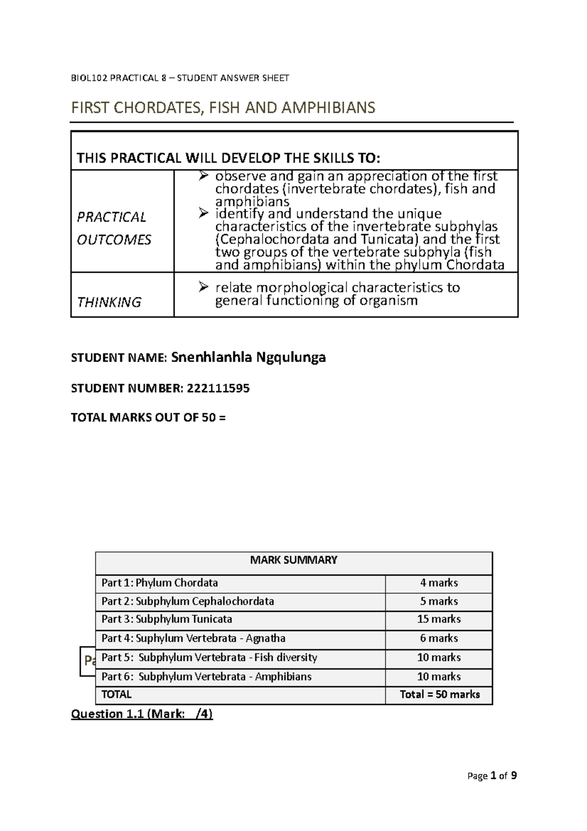 Snenhlanhla BIOL02 Practical 8 First Chordates Fish And Amphibians ...