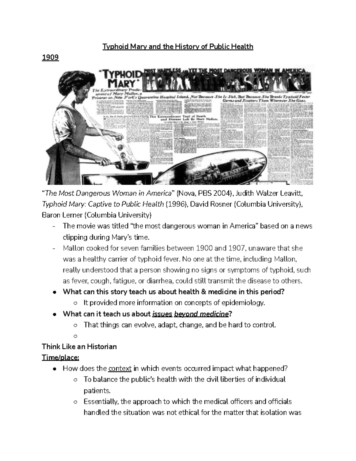 Week 1 Soci 2601 Typhoid Mary Typhoid Mary and the History of Public