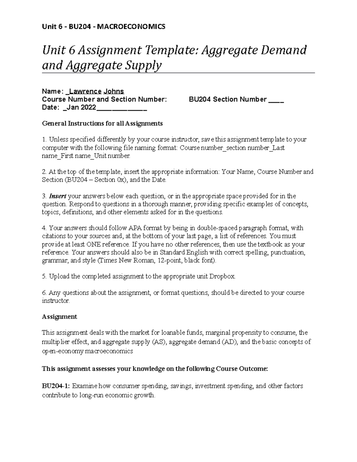 BU204 Unit6 Assignment Template - Unit 6 Assignment Template: Aggregate ...