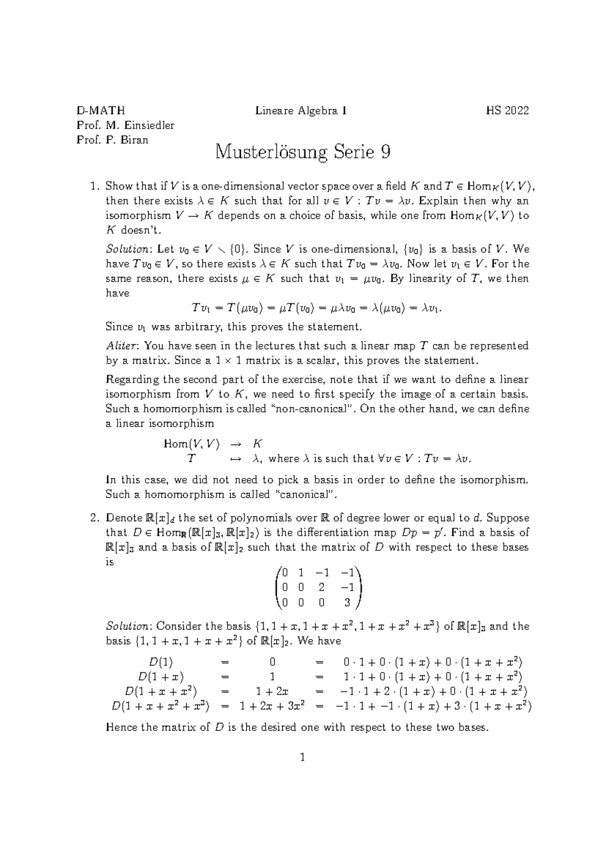 LAI sols09-en - Linear Algebra - D-MATH Lineare Algebra I HS 2022 Prof ...