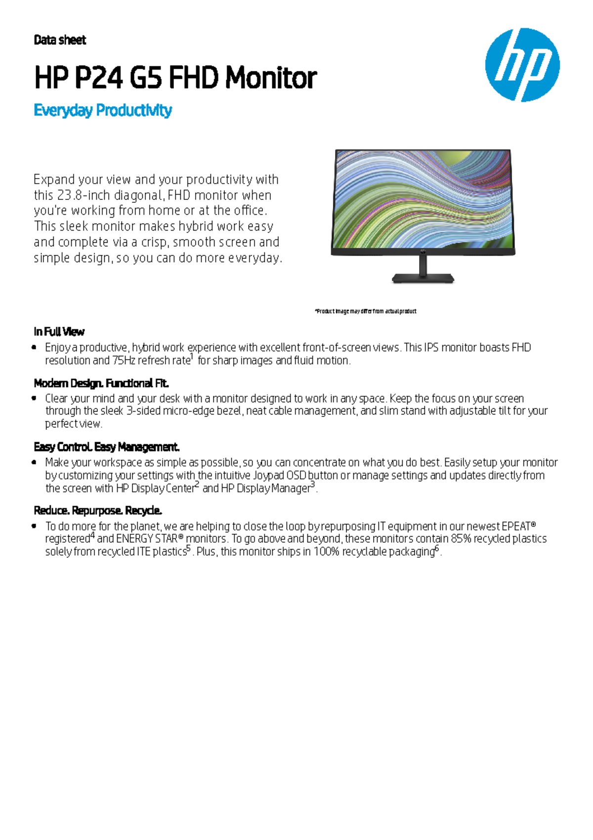 HP P24 G5 FHD Monitor SFGBGFBSGBFB Data sheet HP P24 G5 FHD Monitor