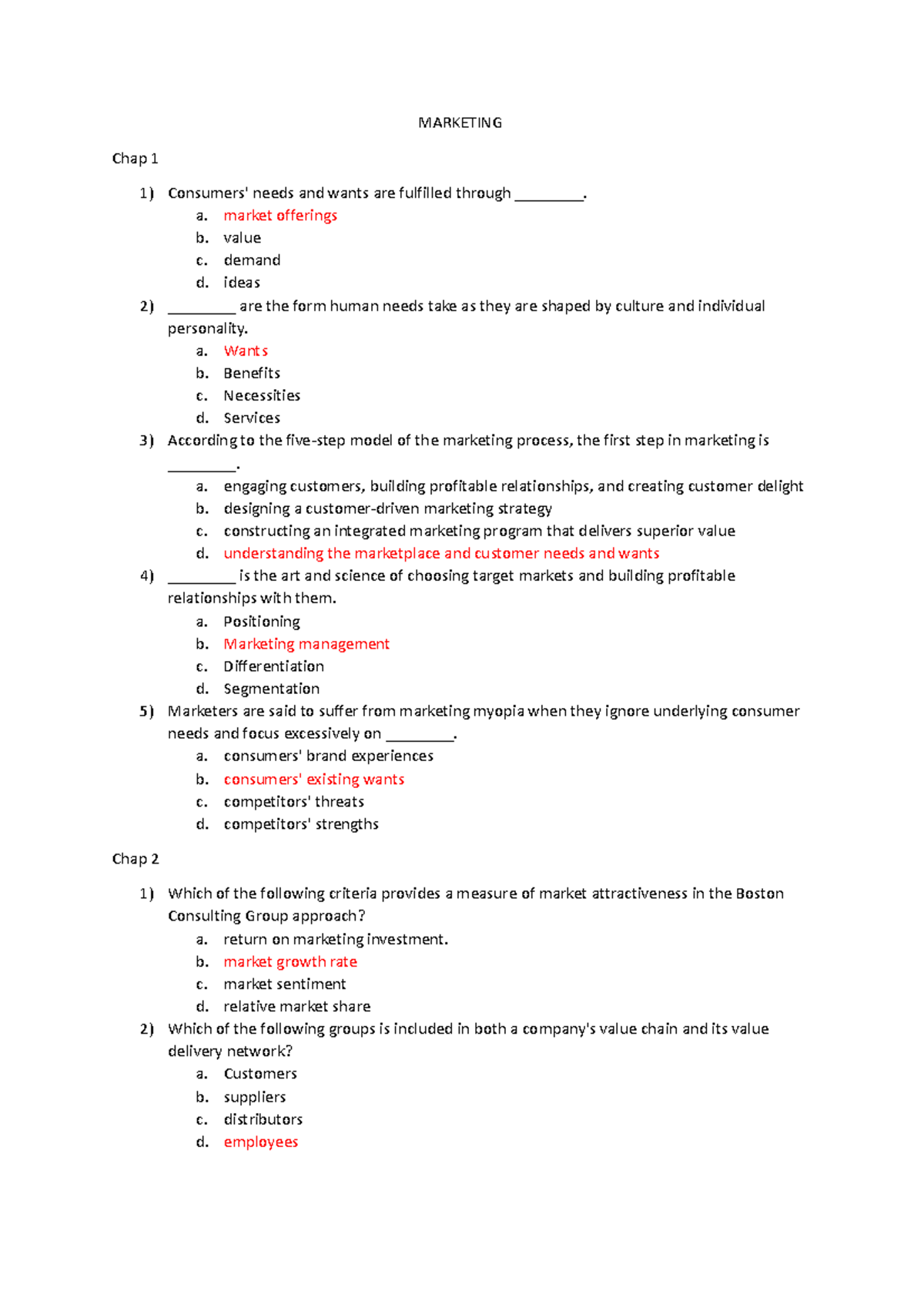 Marketing Revision - MARKETING Chap 1 1) Consumers' needs and wants are ...