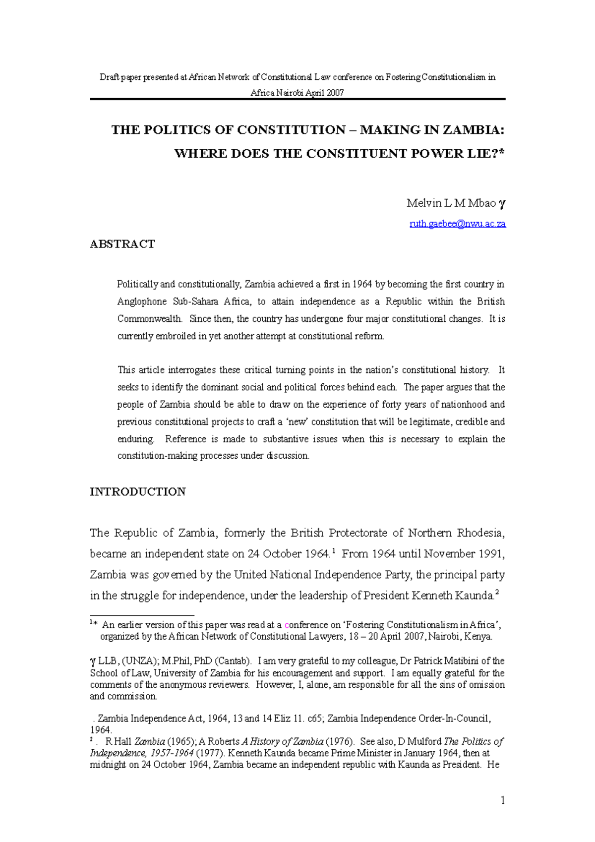 Historical Background OF THE Zambian Constitution Draft paper