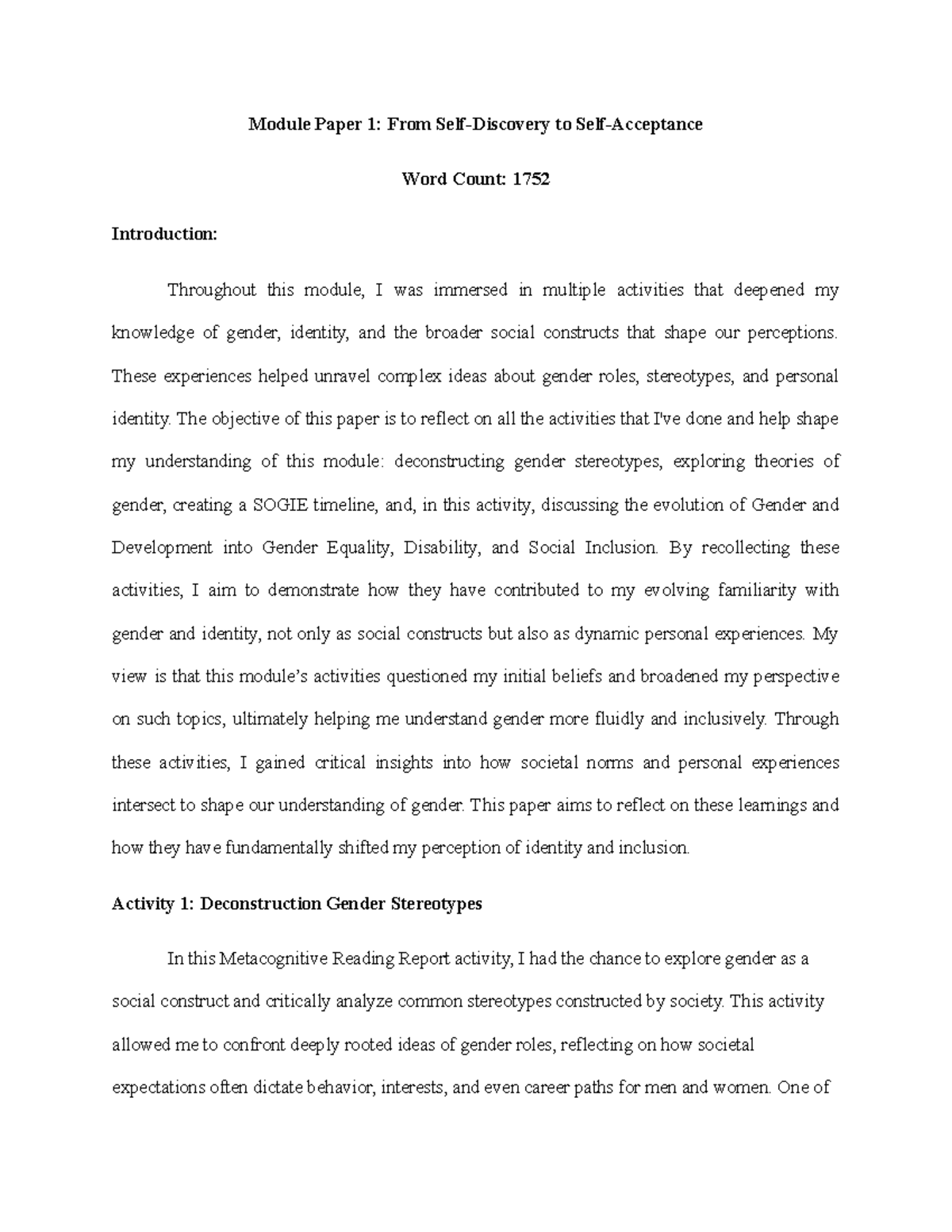 Mod paper 1 - idk - Module Paper 1: From Self-Discovery to Self ...
