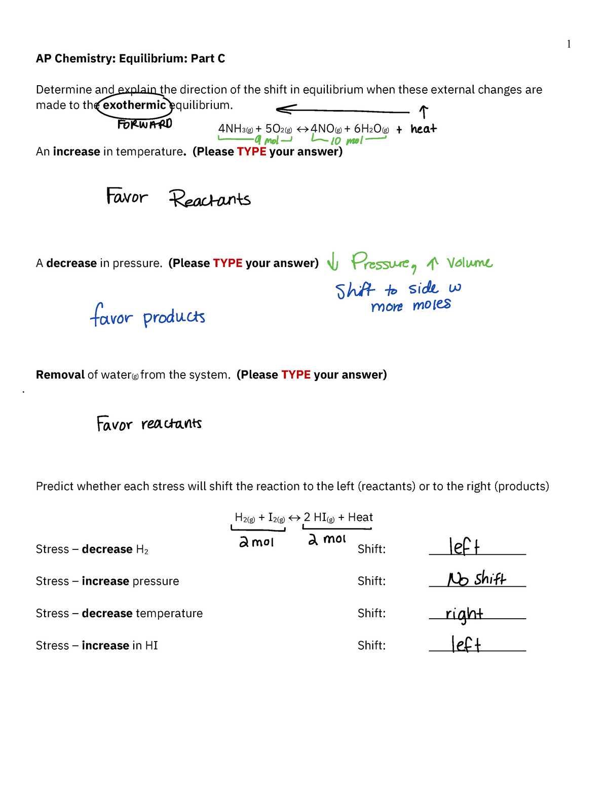 chemical equilibrium homework packet