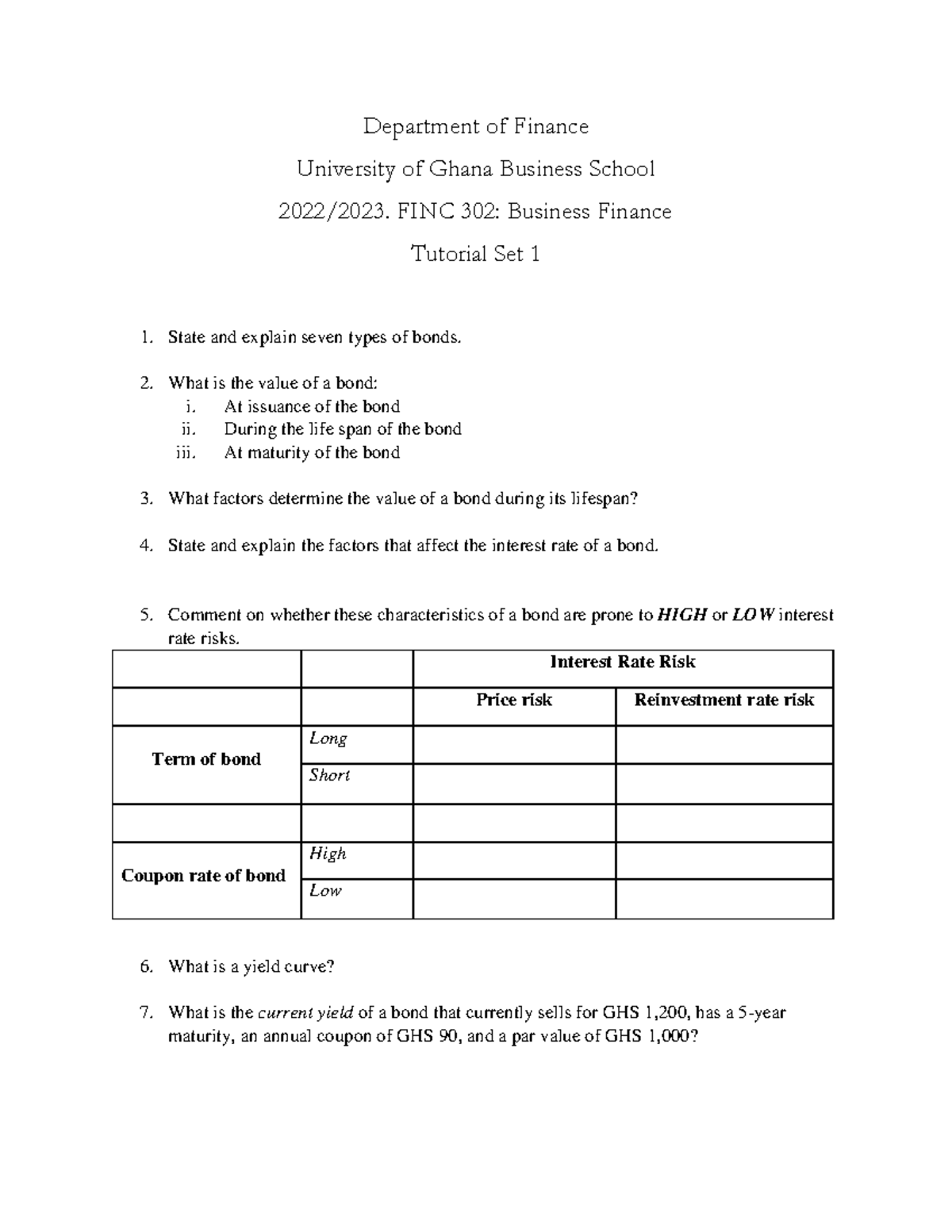 Tutorial Set 1 - Department of Finance University of Ghana Business ...