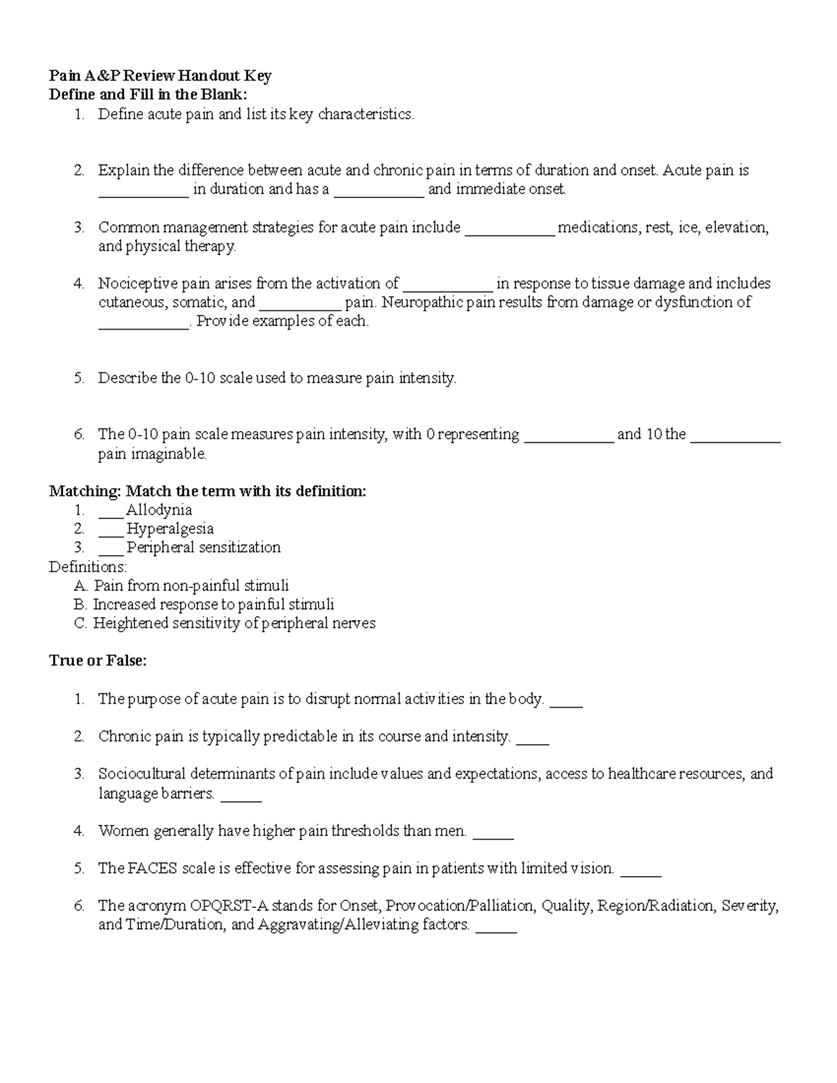 Pain A and P Review Handout 2 Student - Pain A&P Review Handout Key ...