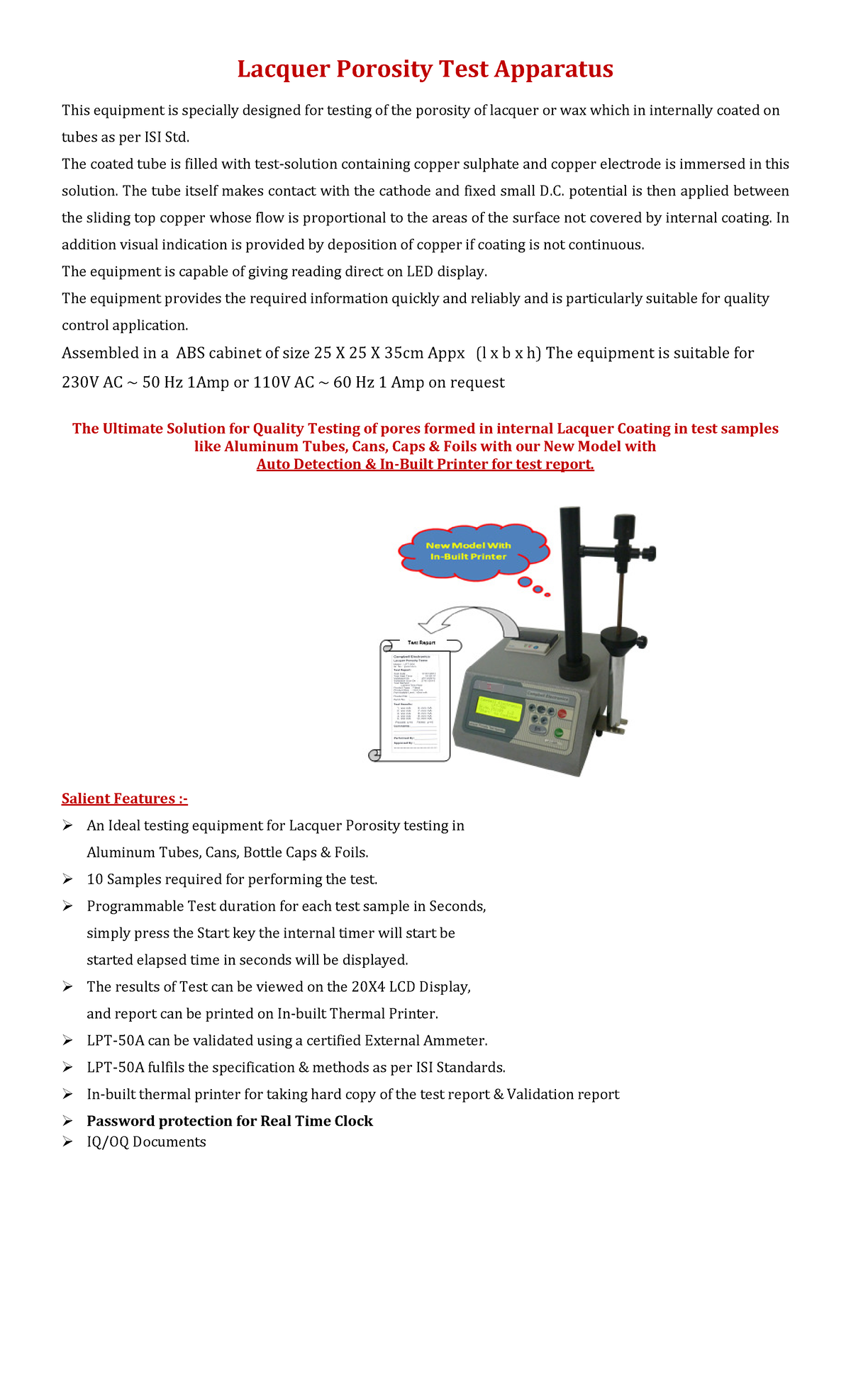 Porosity Detector Lacquer Porosity Test Apparatus This equipment is