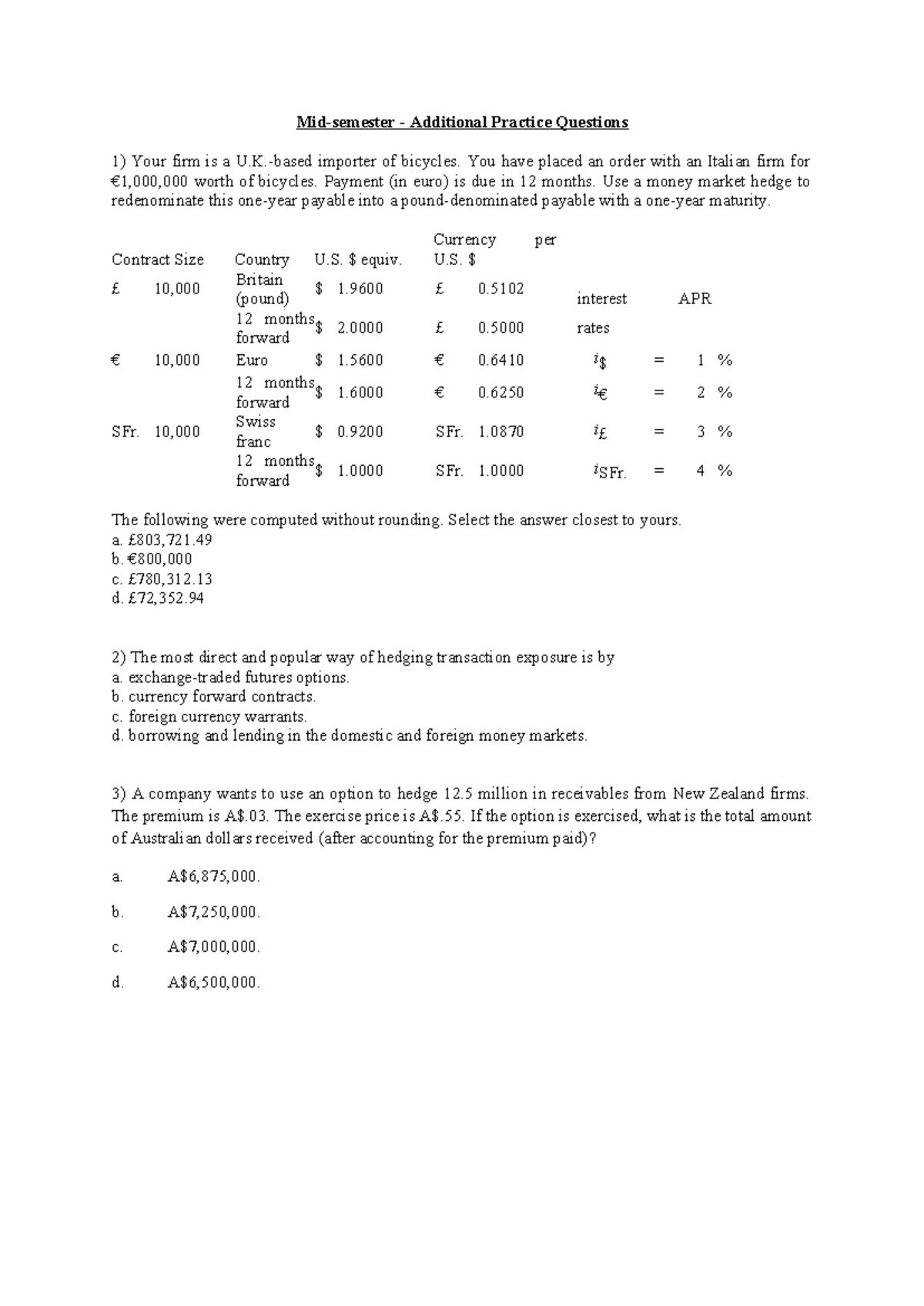 Mid-semester - Extra Practice Questions - Mid-semester - Additional ...