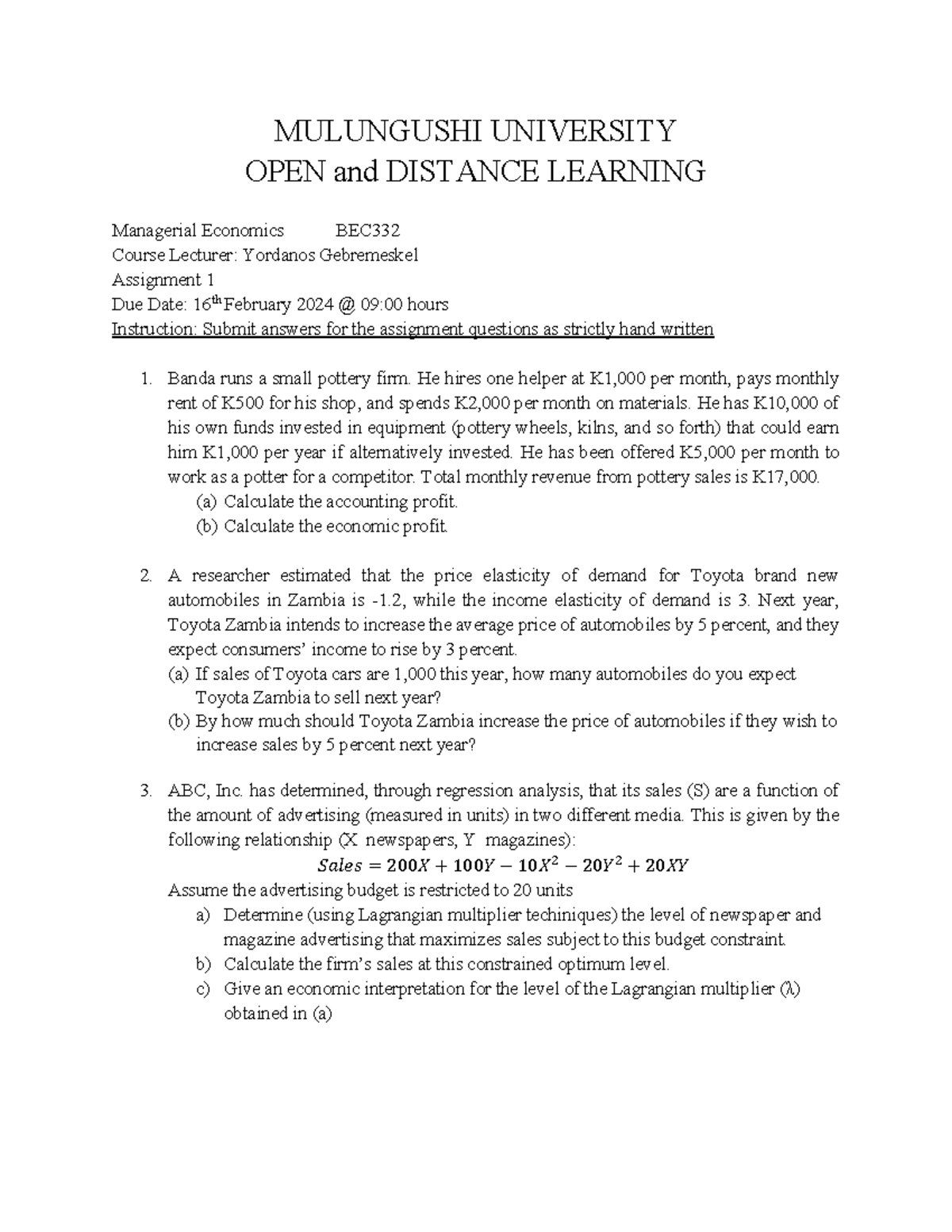 BEC 332 Assigt 1, Feb 2024 MULUNGUSHI UNIVERSITY OPEN and DISTANCE