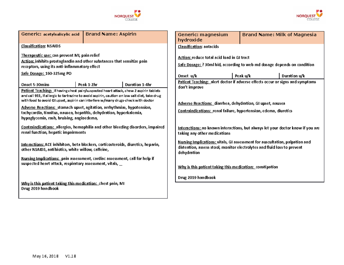 Nursing Medication Cards May 16, 2018 V1. Generic acetylsalicylic