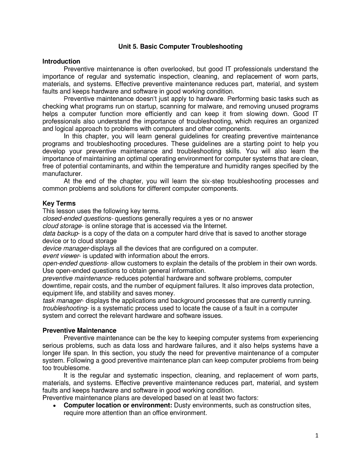 Unit 5.Basic Computer Troubleshooting - Unit 5. Basic Computer ...