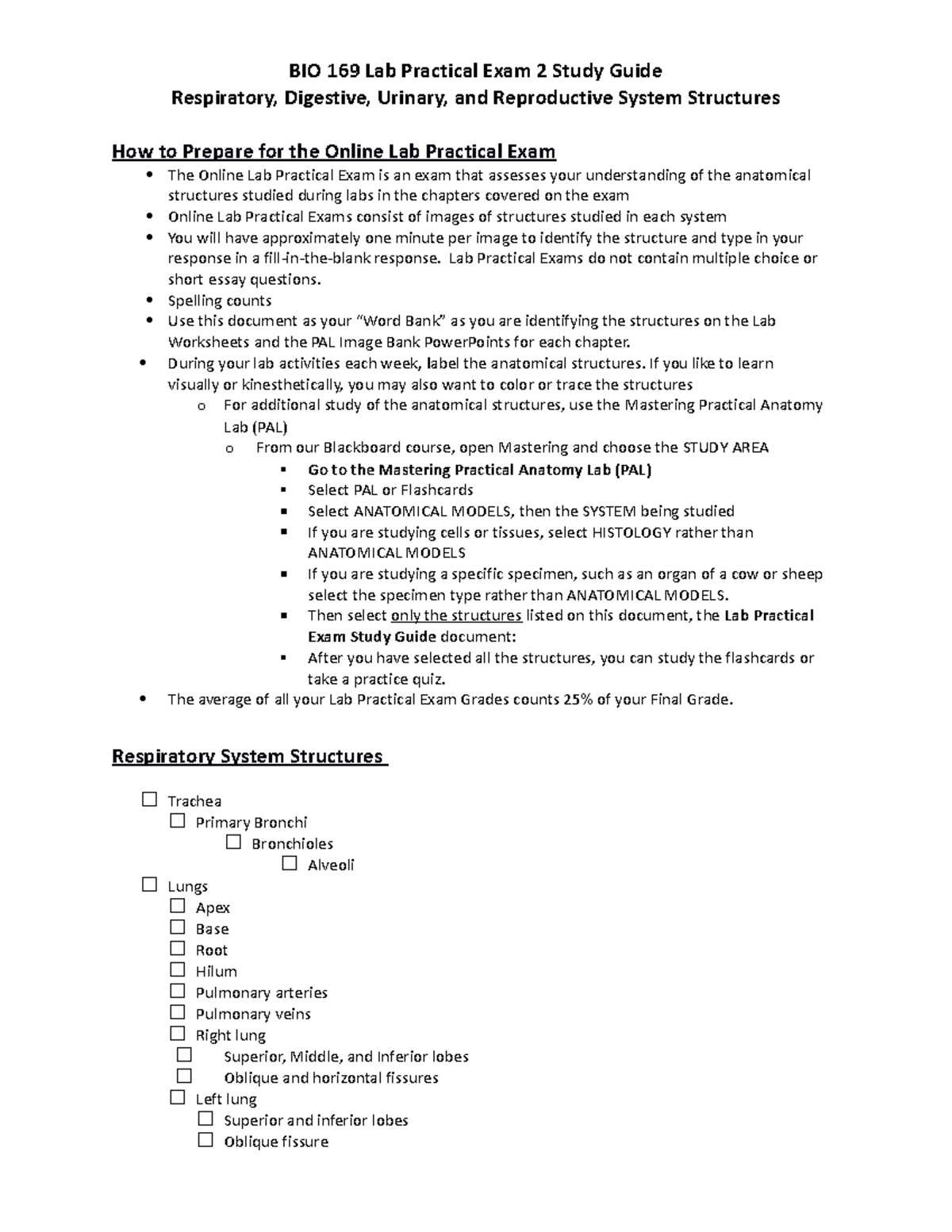 BIO 169 Lab Practical 2 SP23 Online Study Guide Respiratory, Digestive ...