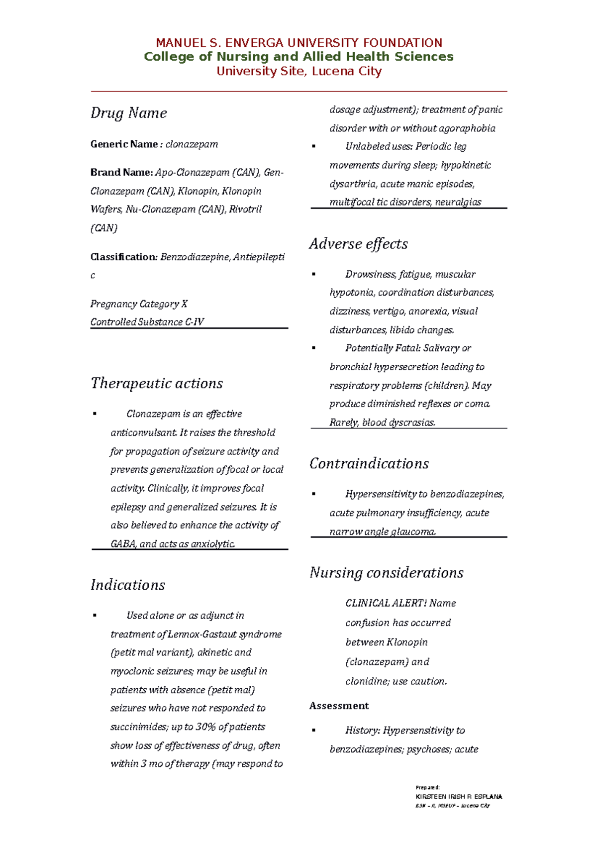 Clonazepam DRUG Study MANUEL S. ENVERGA UNIVERSITY FOUNDATION