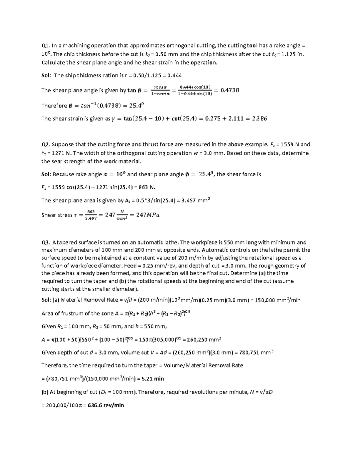 Assignment-Extra-Solution - Q1. In a machining operation that ...