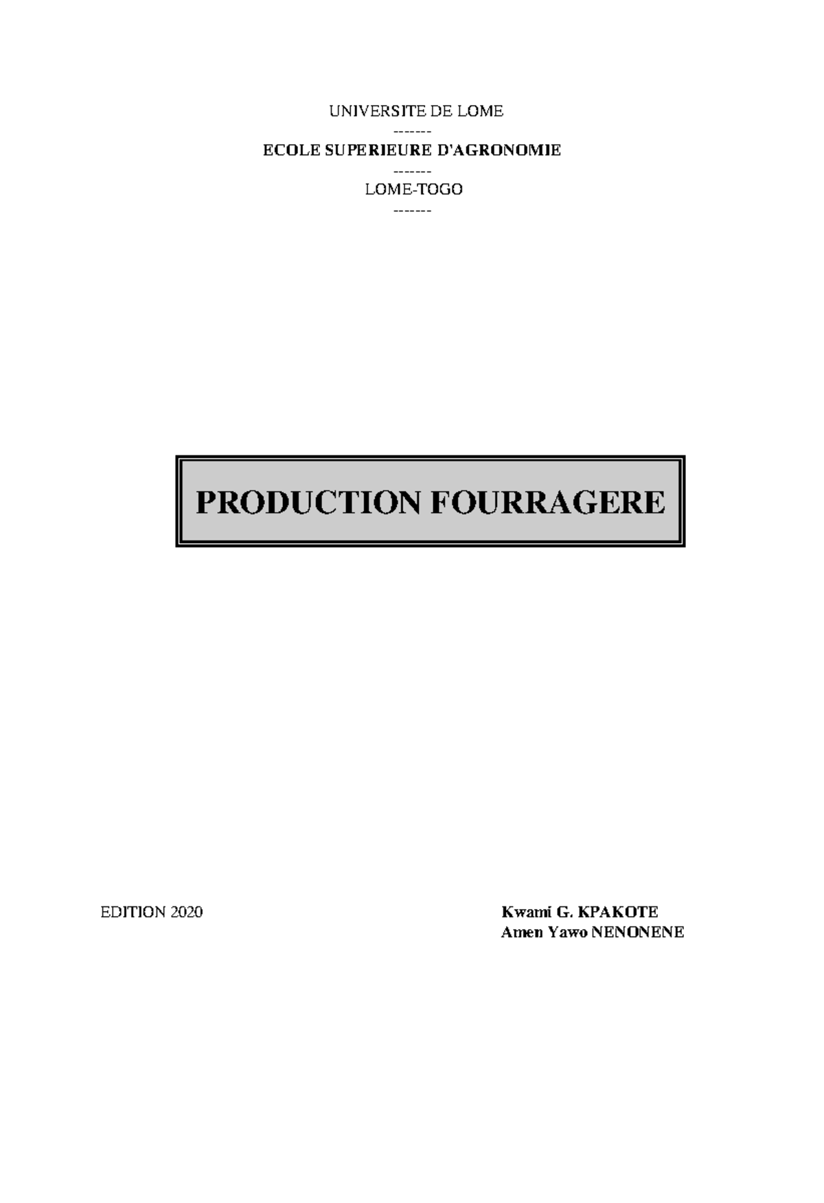 Note de cours de Production fourragère UNIVERSITE DE LOME ECOLE SUPERIEURE D