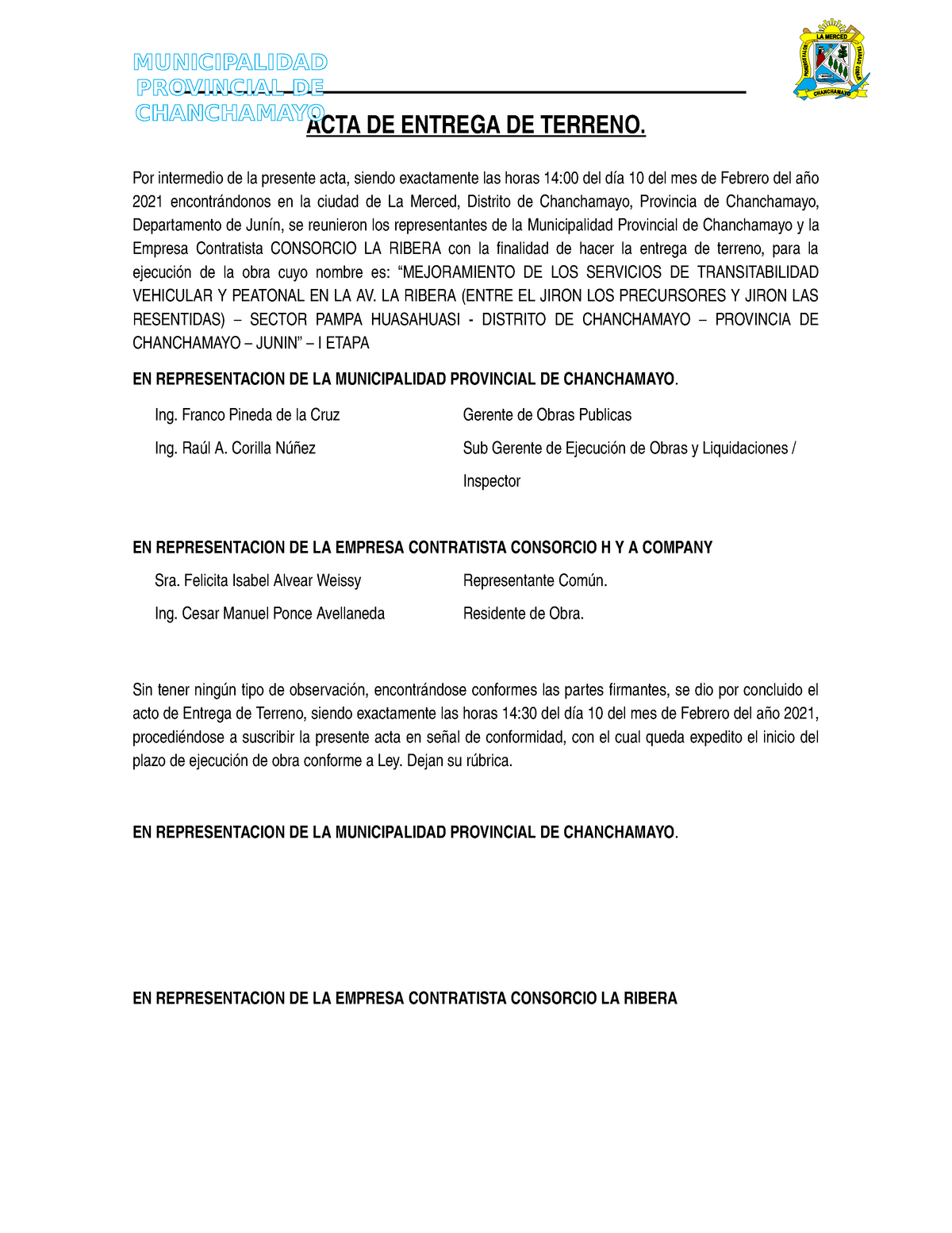 Acta De Entrega De Terreno Y Acta De Terminacion De O 