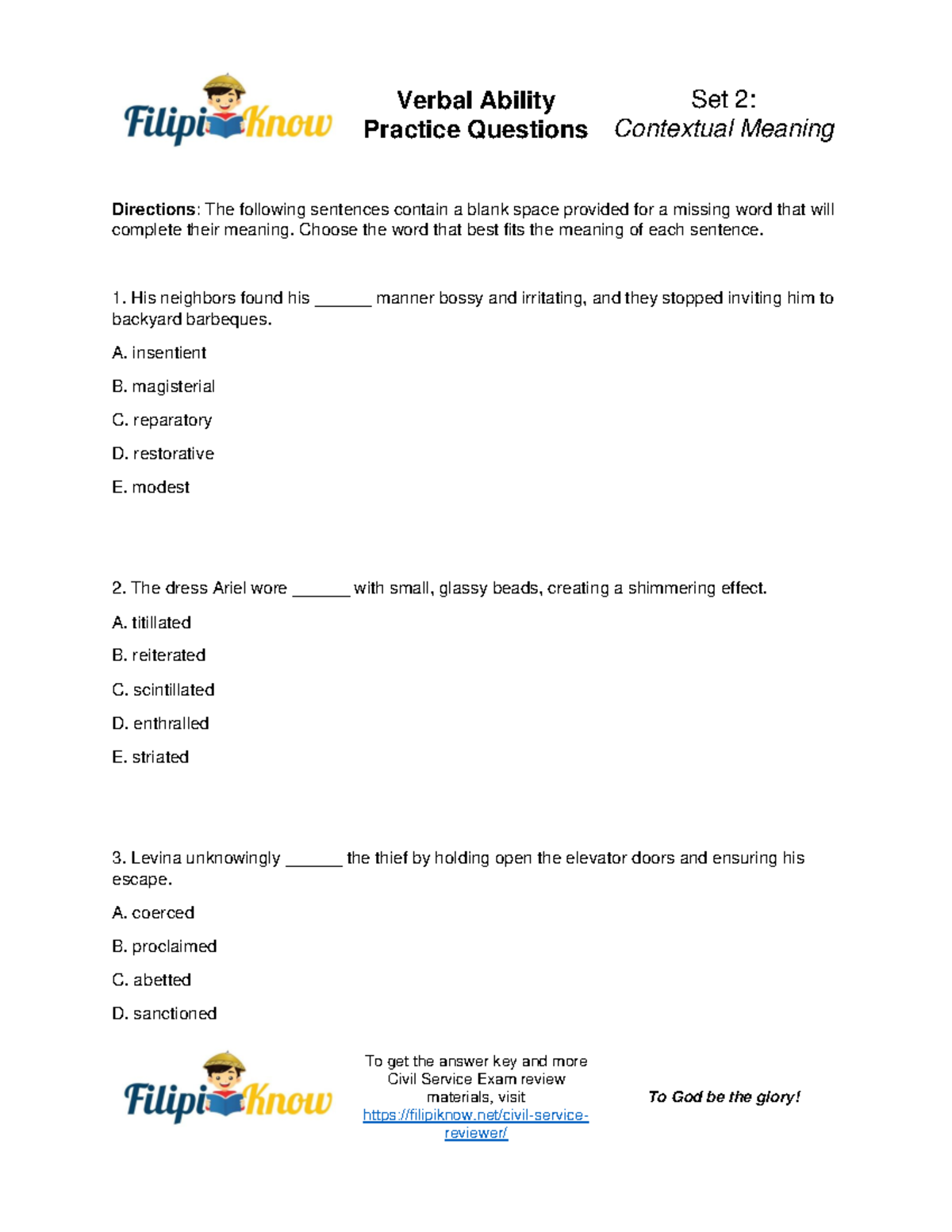 Verbal Ability Practice Questions Set 2 1 - Verbal Ability Practice ...