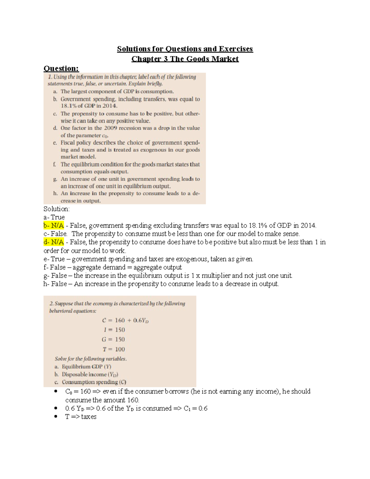 Chp 03 ex - Solutions for Questions and Exercises Chapter 3 The Goods ...